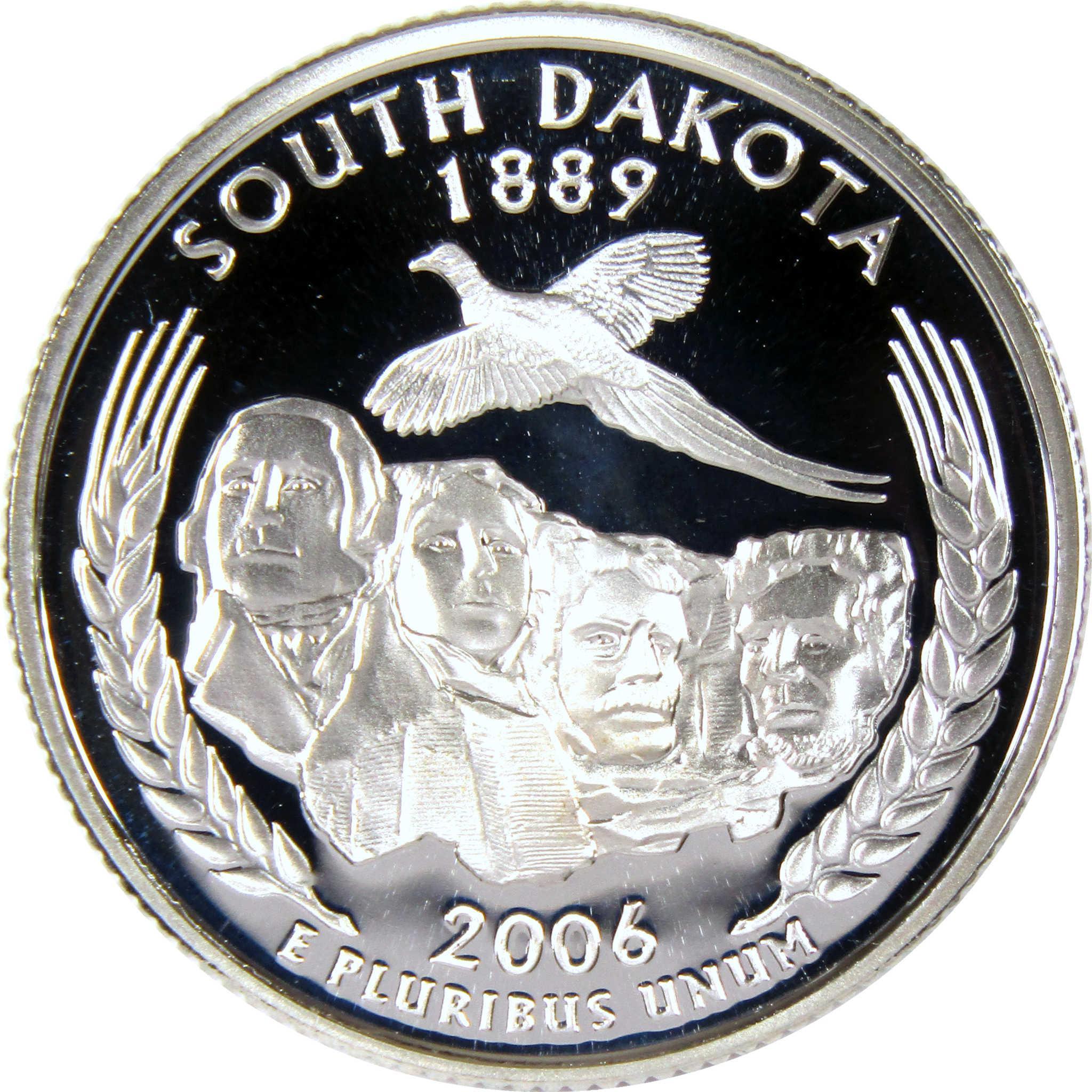 2006 South Dakota state quarter with Mount Rushmore, flying pheasant, and wheat design