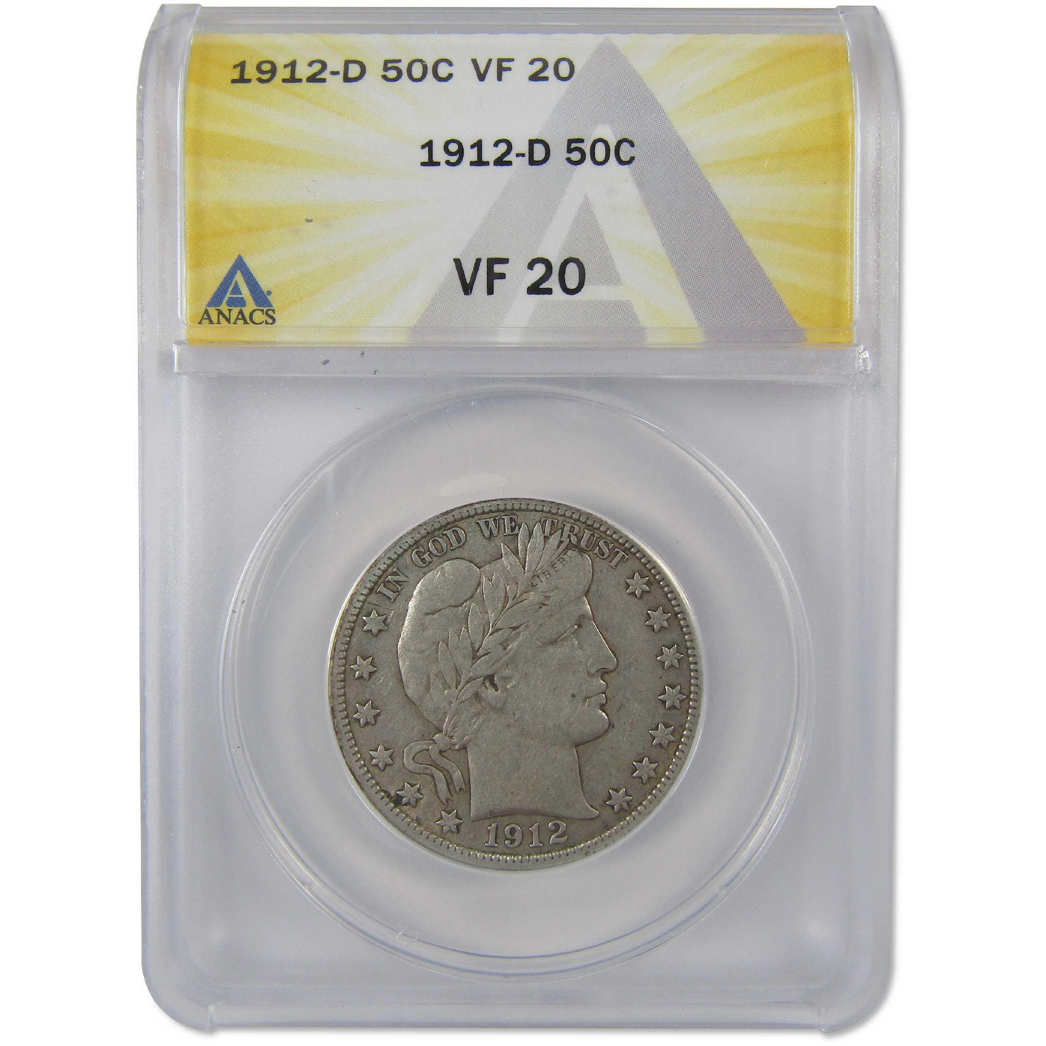 1912 D Barber Silver Half Dollar VF 20 ANACS 50c Coin Collectible