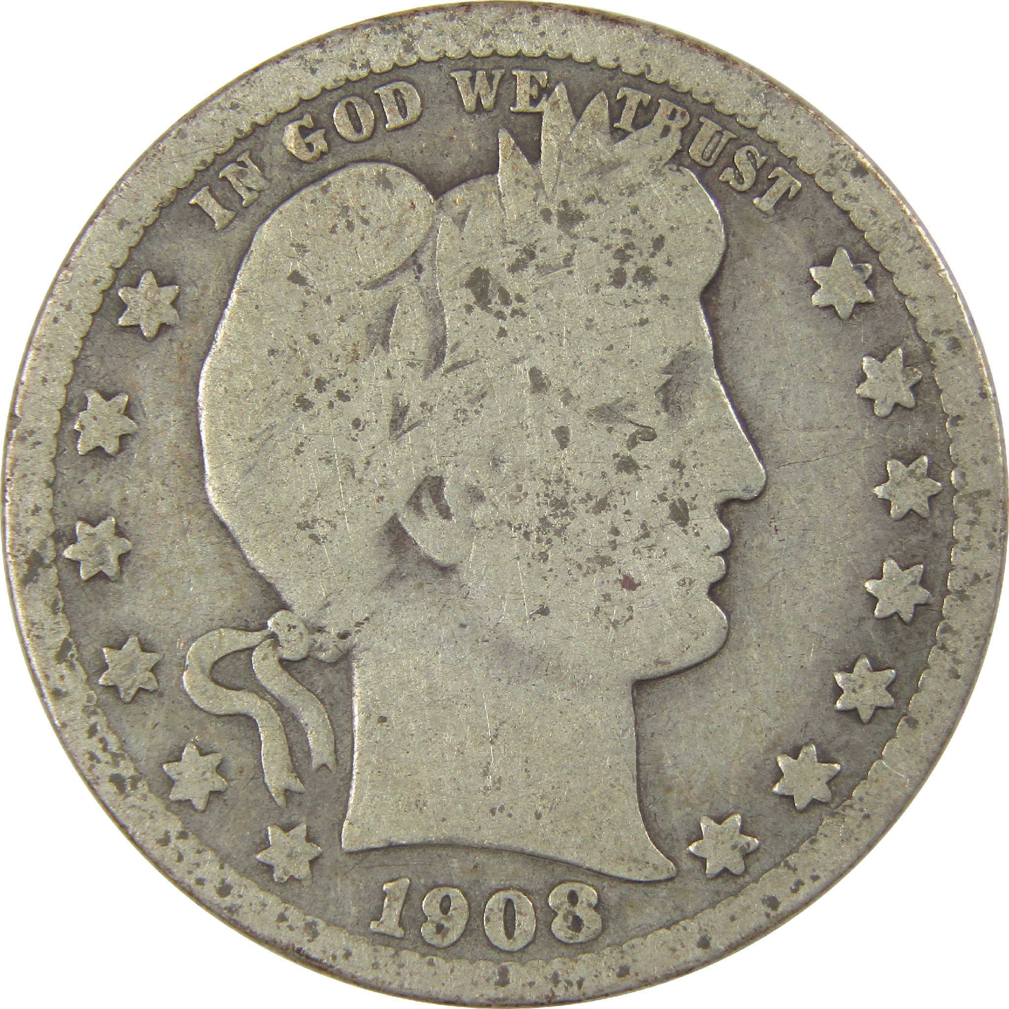 1908 Barber Quarter G Good Silver 25c Coin