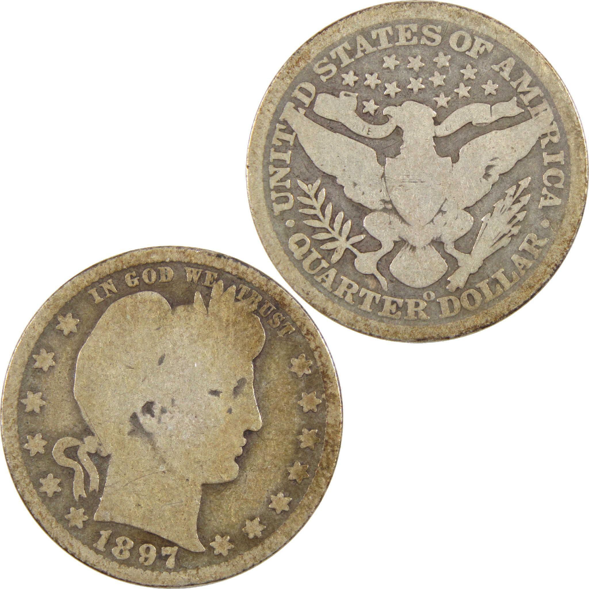 1897 Barber quarter dollar coin obverse with Liberty head and reverse with eagle design