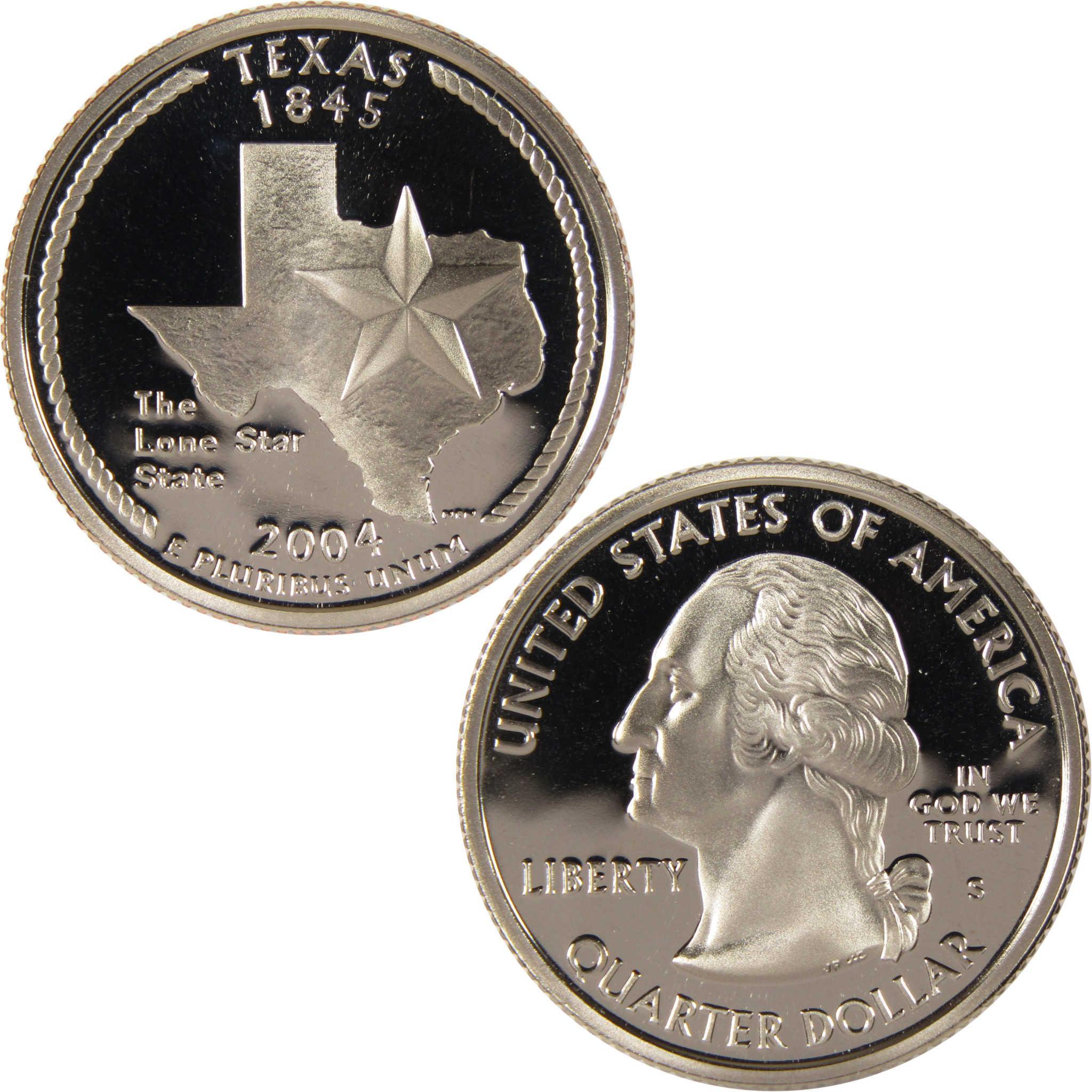 2004 Texas state quarter collectible coin showing Texas outline and George Washington profile