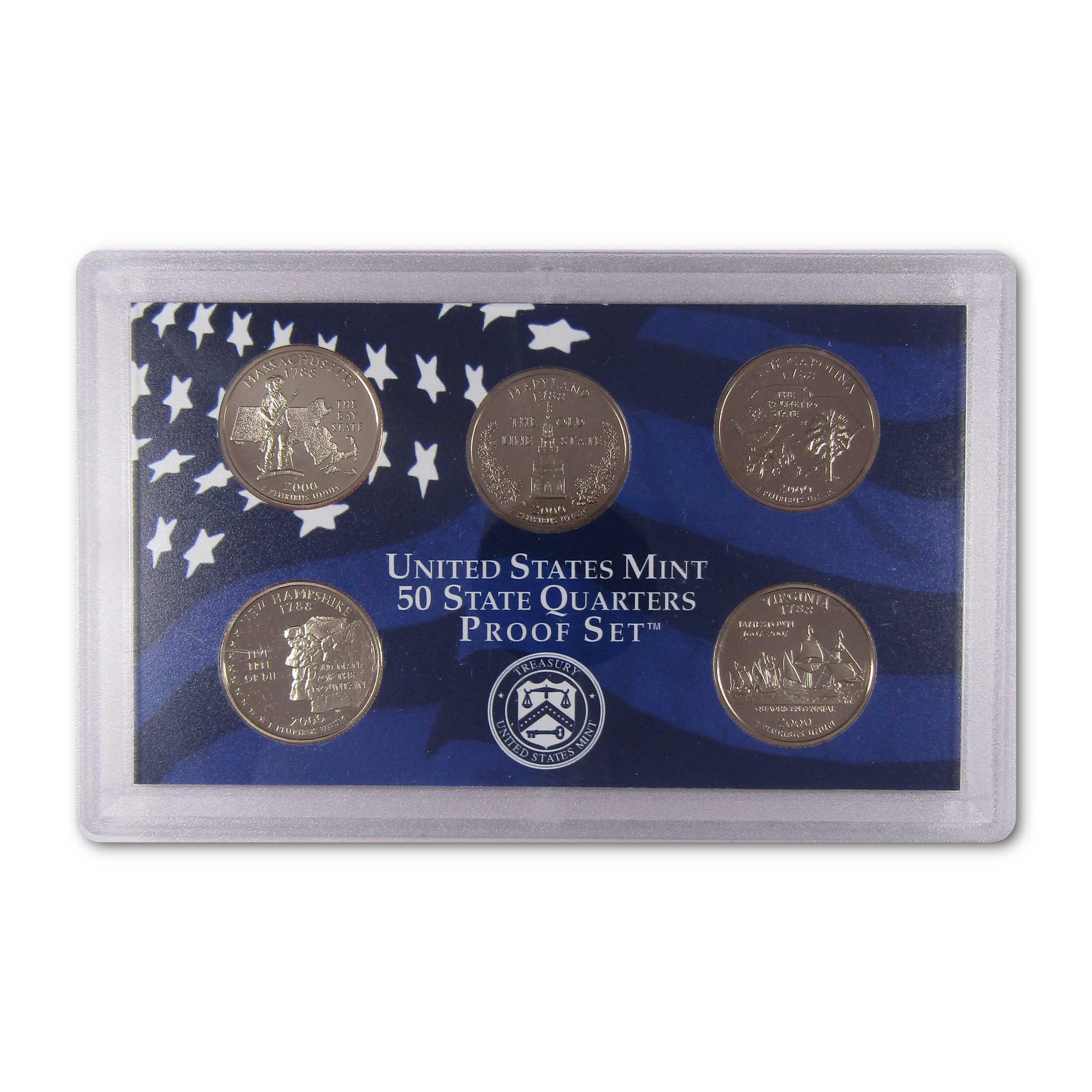 United States Mint 50 State Quarters Proof Set with five collectible quarters in display case