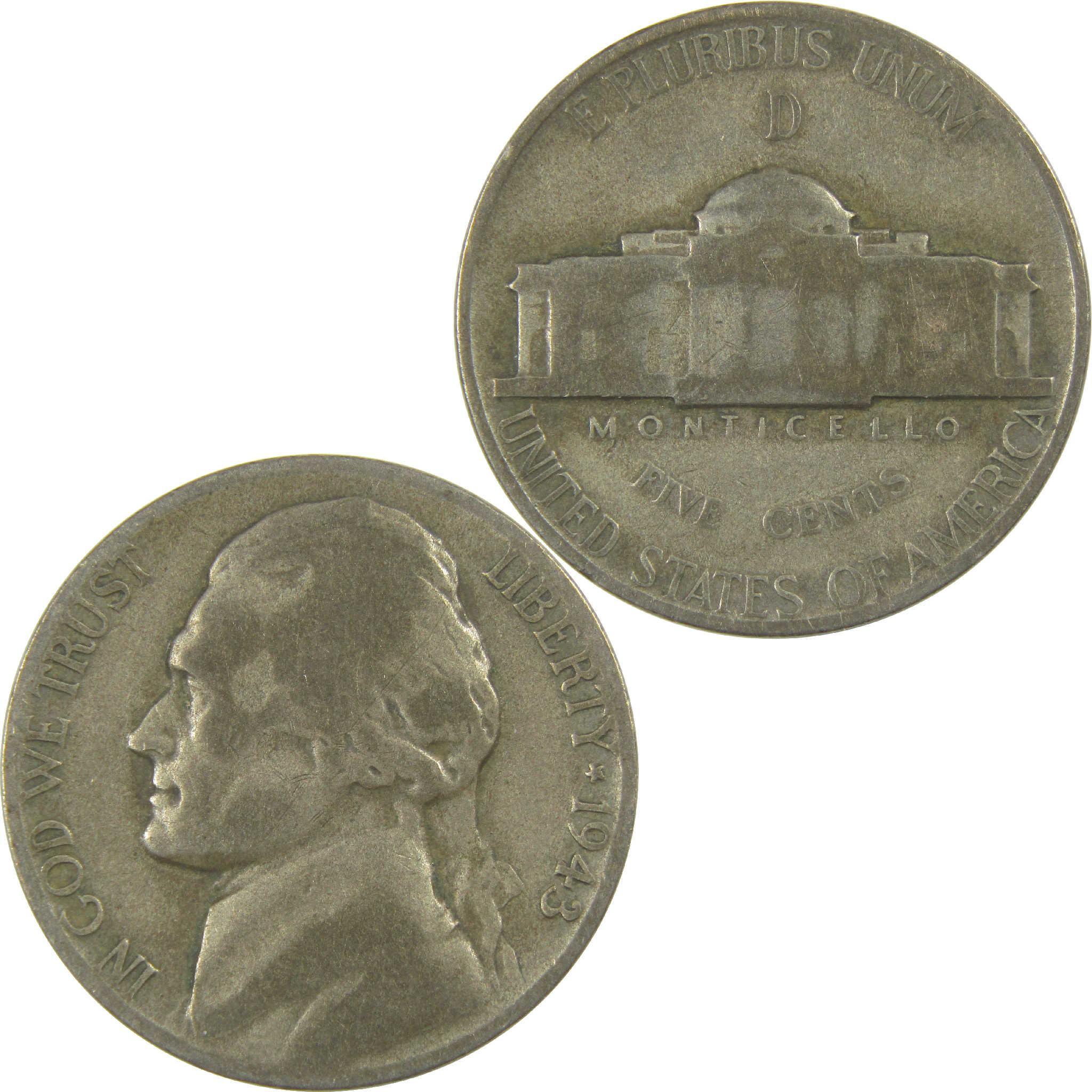 1943 D Jefferson Nickel Circulated Wartime Silver 5c Coin Collectible