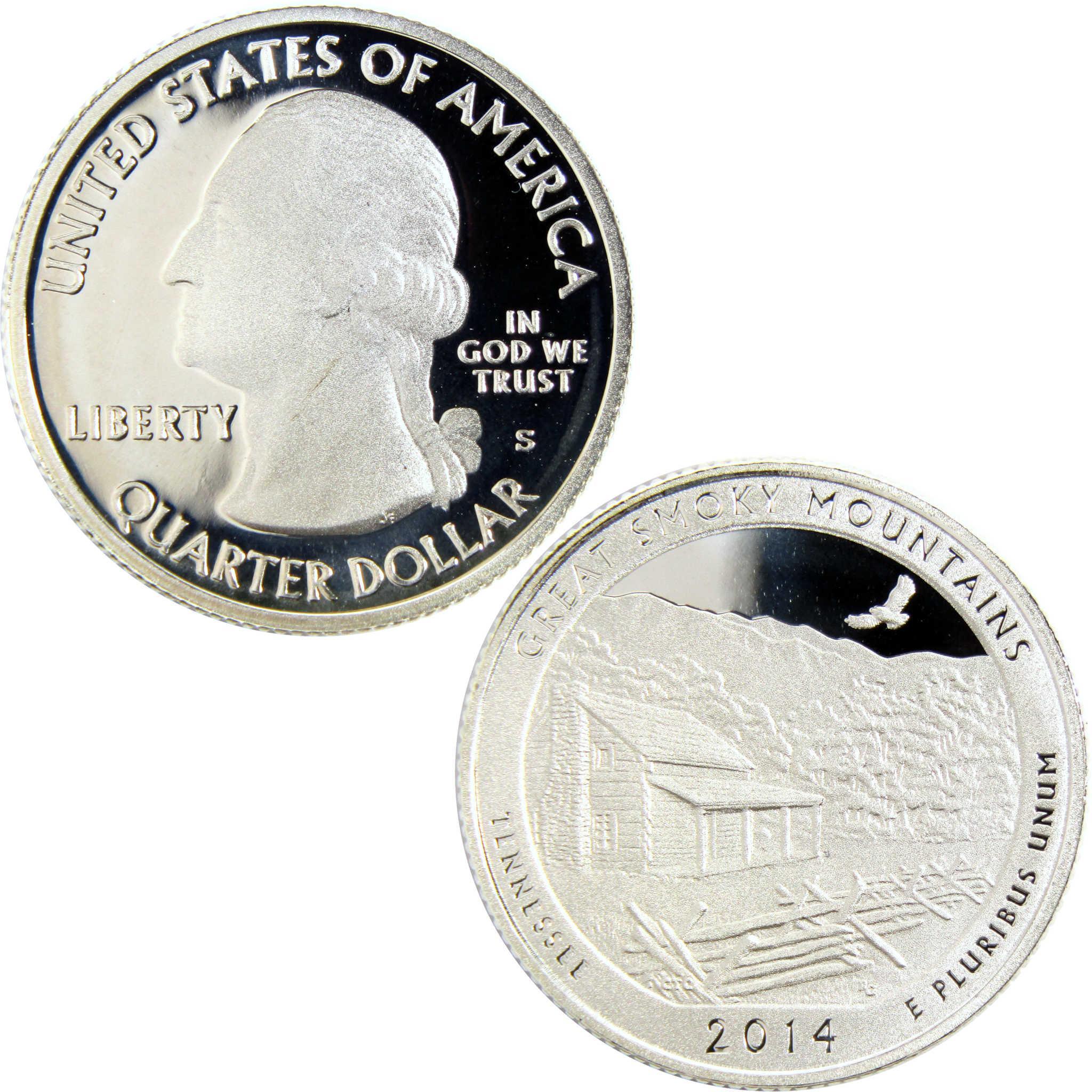 2014 Great Smoky Mountains quarter dollar collectible coin, obverse and reverse views