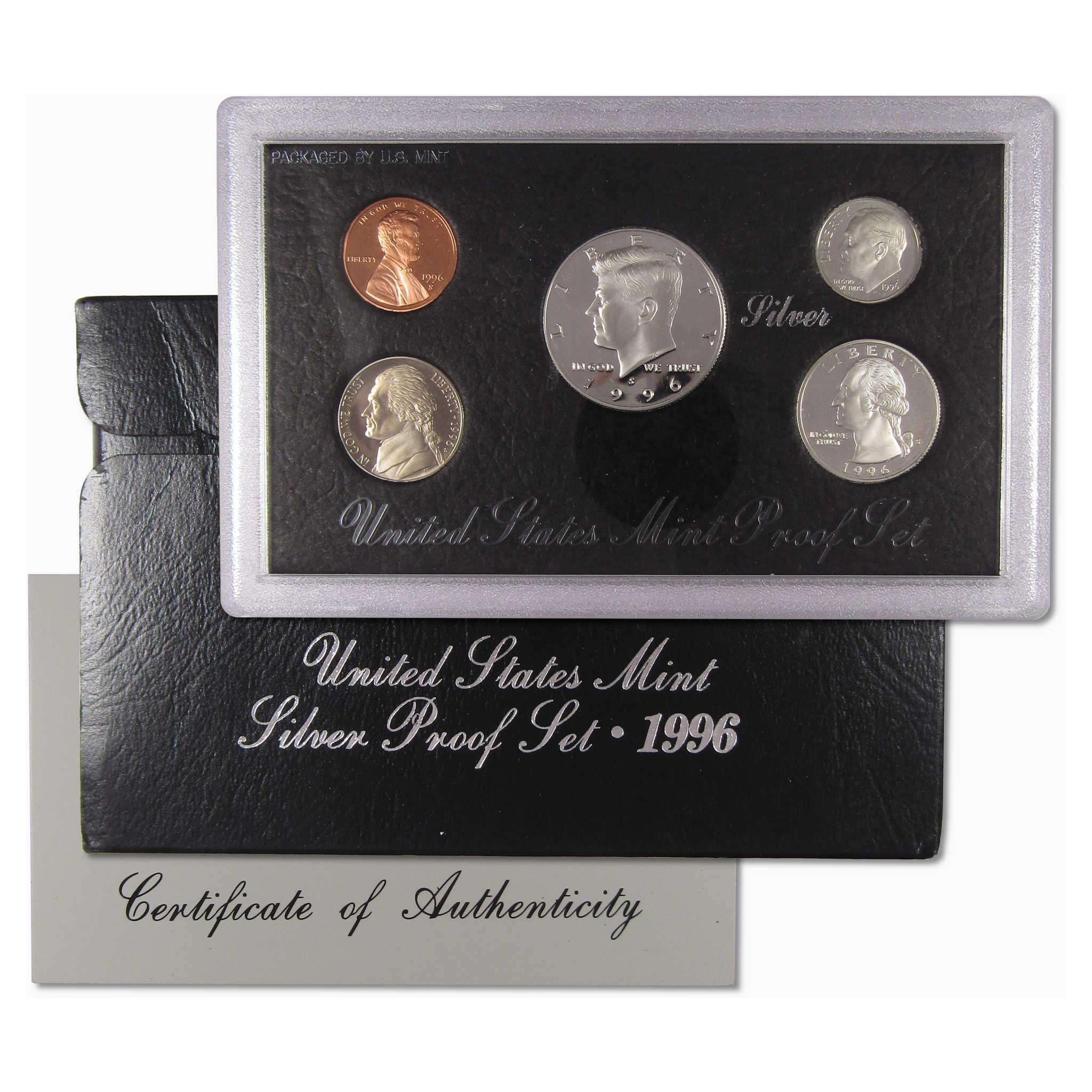 1996 United States Mint Silver Proof Coin Set with black display case and certificate of authenticity