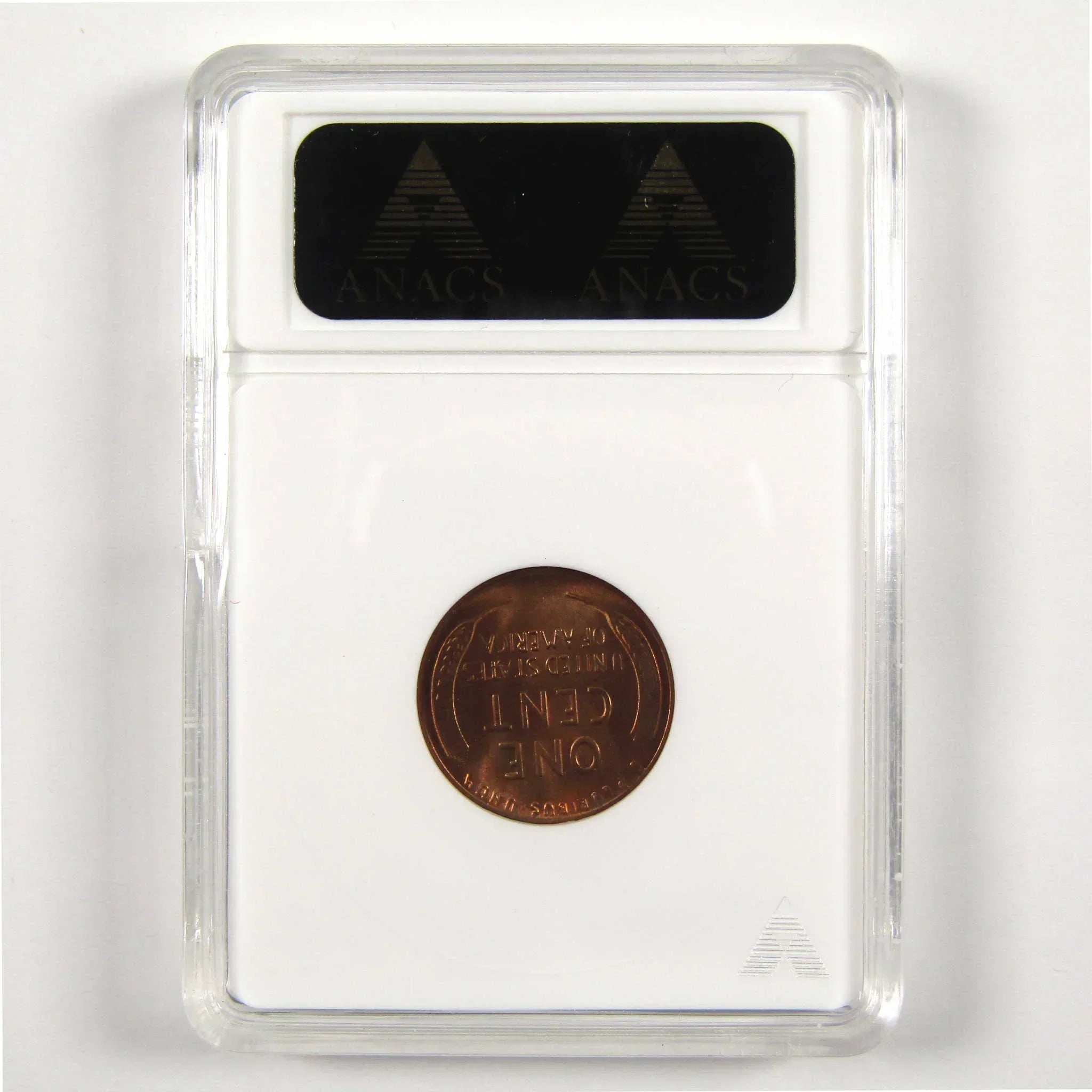 Certified Lincoln wheat penny in ANACS holder, collectible copper coin, reverse side visible