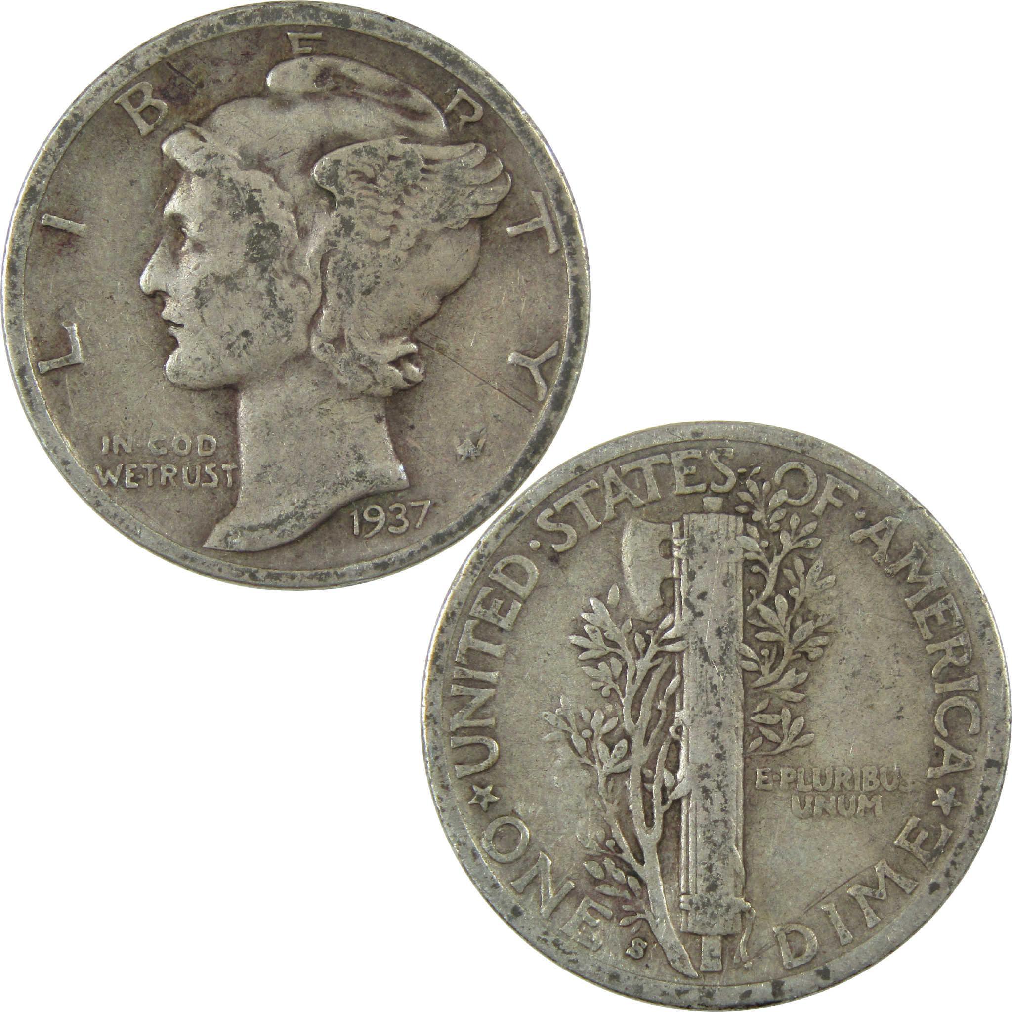 1937 S Mercury Silver Dime VG Very Good 10c Coin Collectible