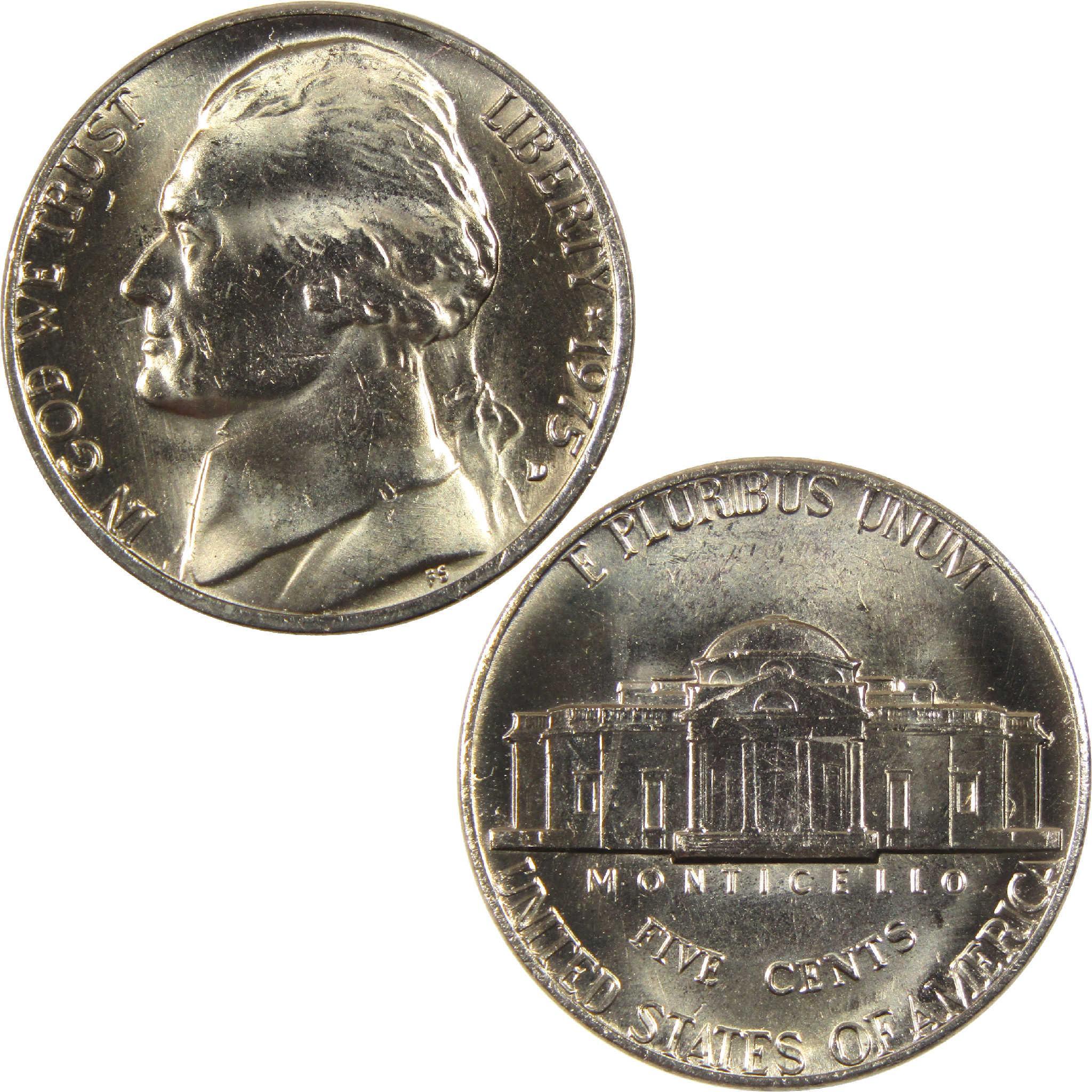 1975 Jefferson nickel collectible coin with Monticello building, front and back view
