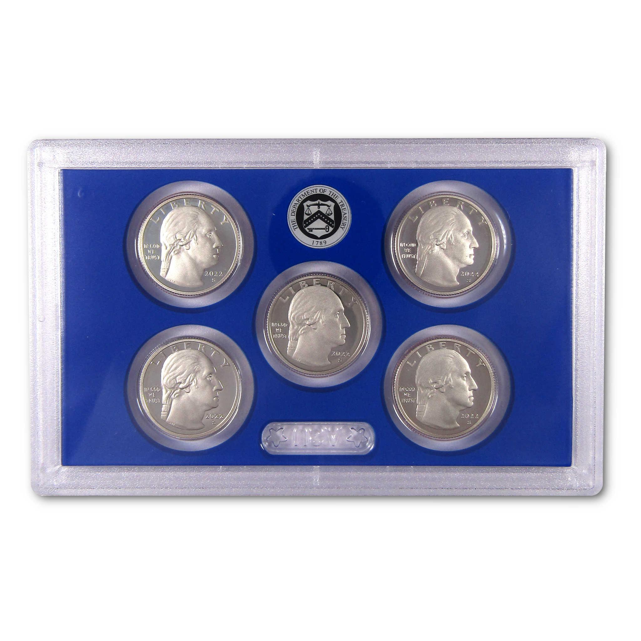 2022 Washington quarters silver coin set in clear display case, collectible US coins