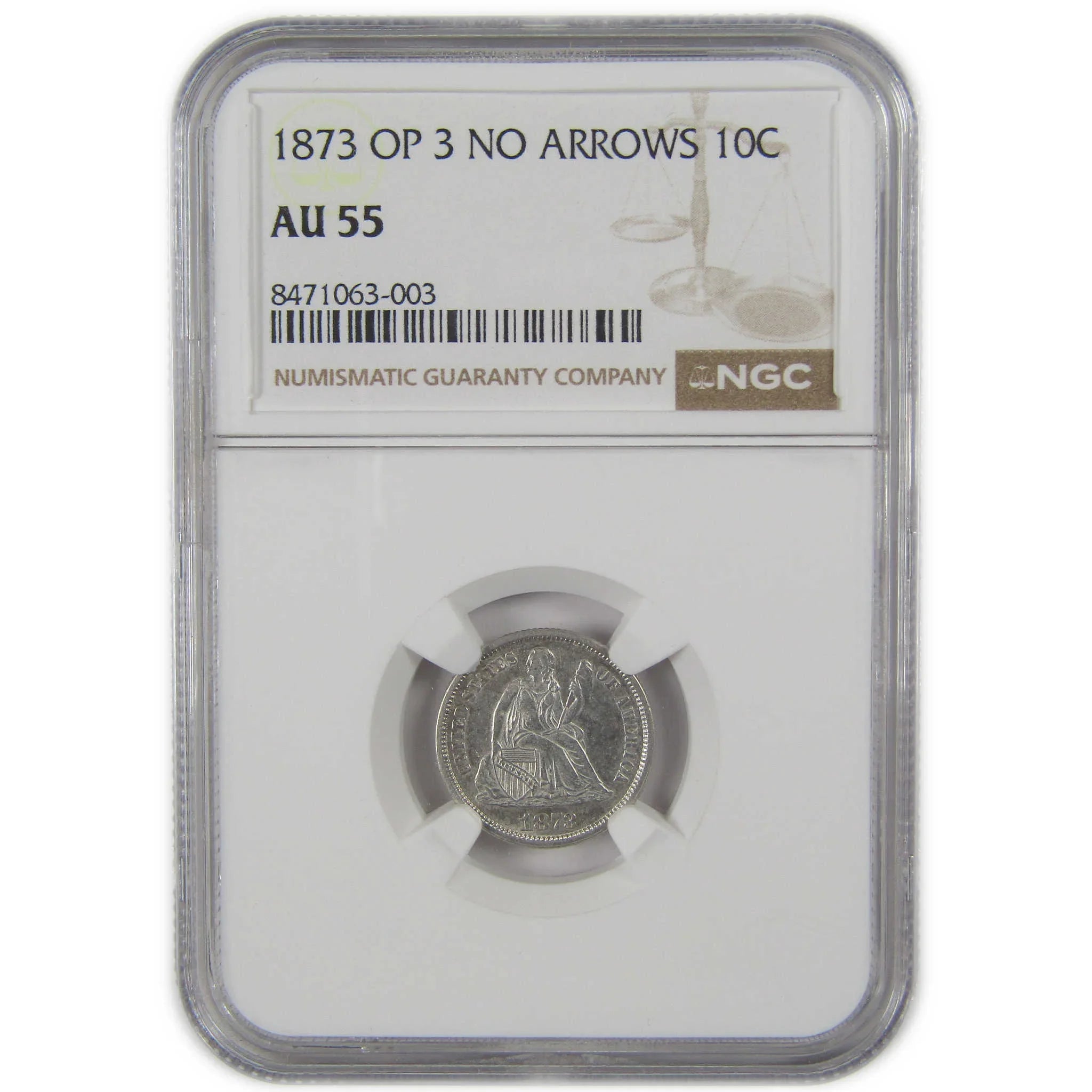 1873 No Arrows Open 3 Seated Liberty Dime AU 55 NGC Silver SKU:I23411
