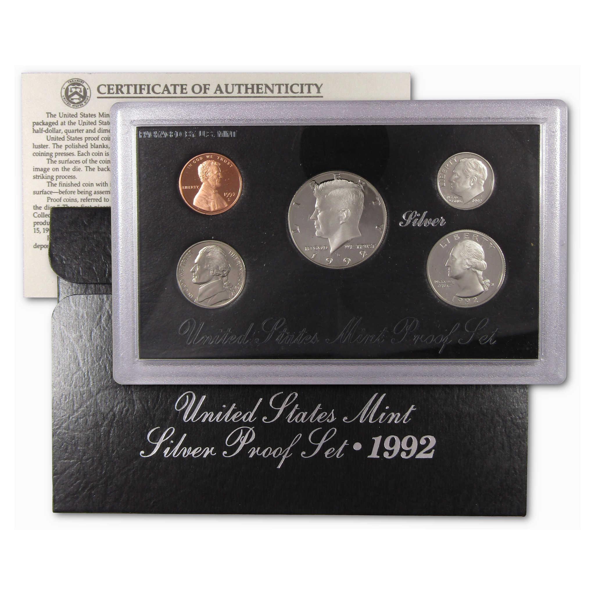 1992 United States Mint Silver Proof Set with five coins, case, and certificate of authenticity
