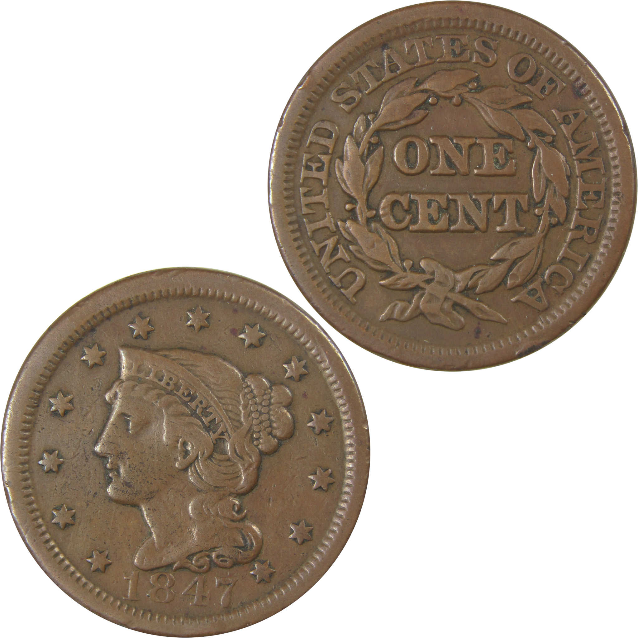1847 Braided Hair Copper Large Cent VF Very Fine Details SKU:I23856