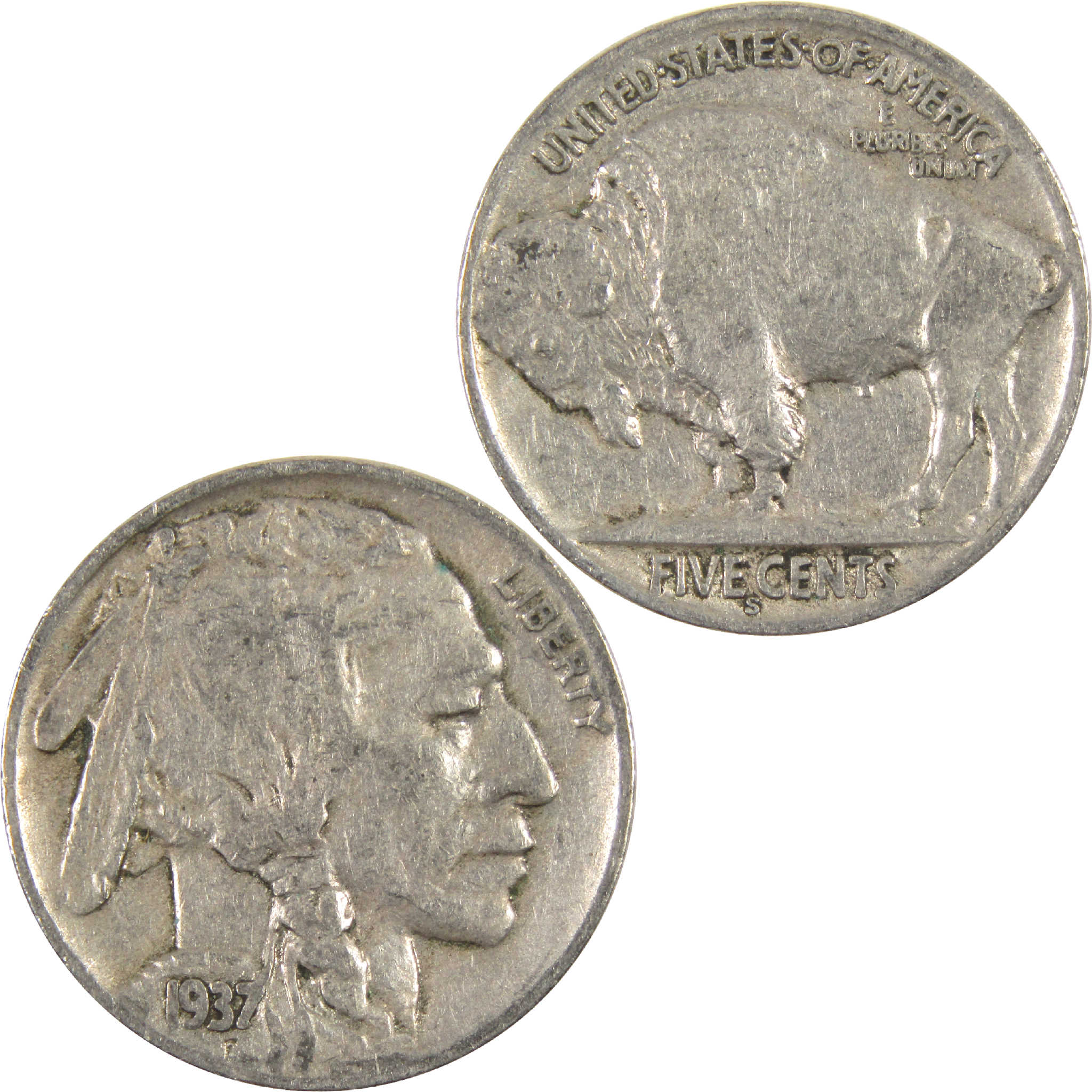1937 S Indian Head Buffalo Nickel F Fine 5c Coin