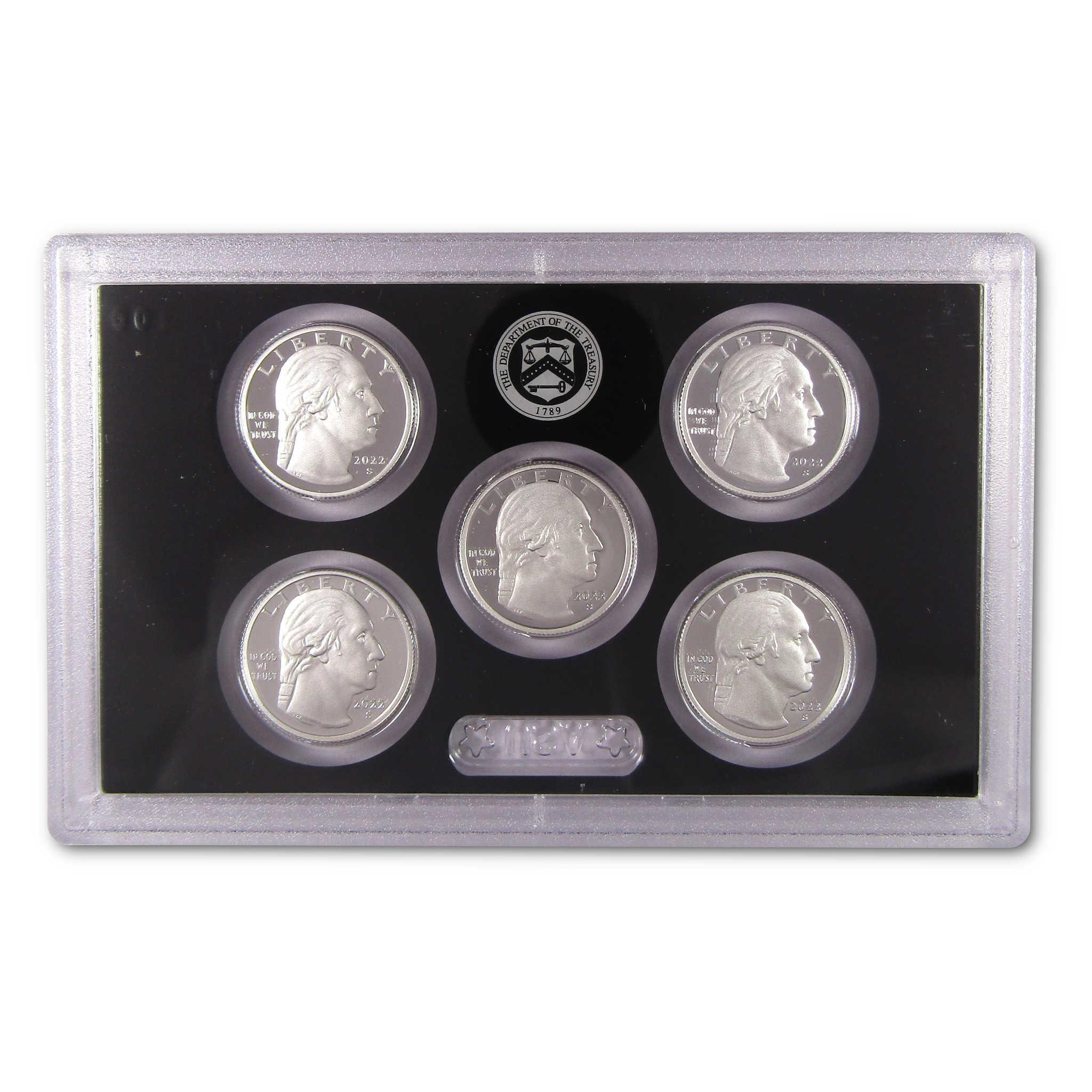 Silver proof coin set in display case, five collectible quarters with Liberty design