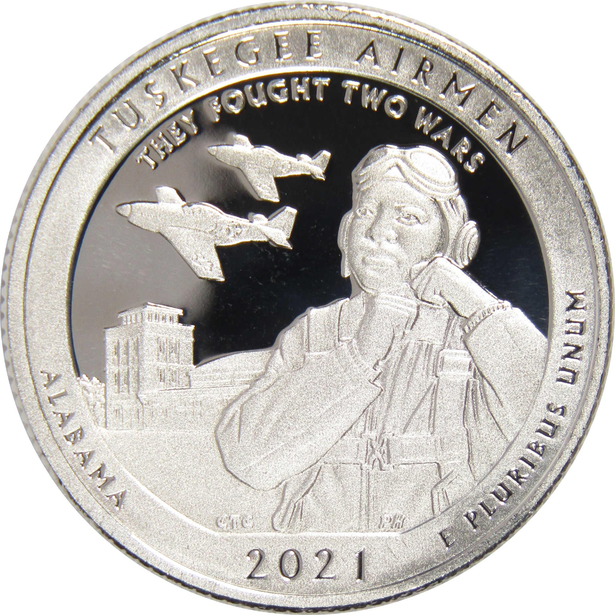2021 Tuskegee Airmen commemorative coin with pilot, two planes, and Alabama text