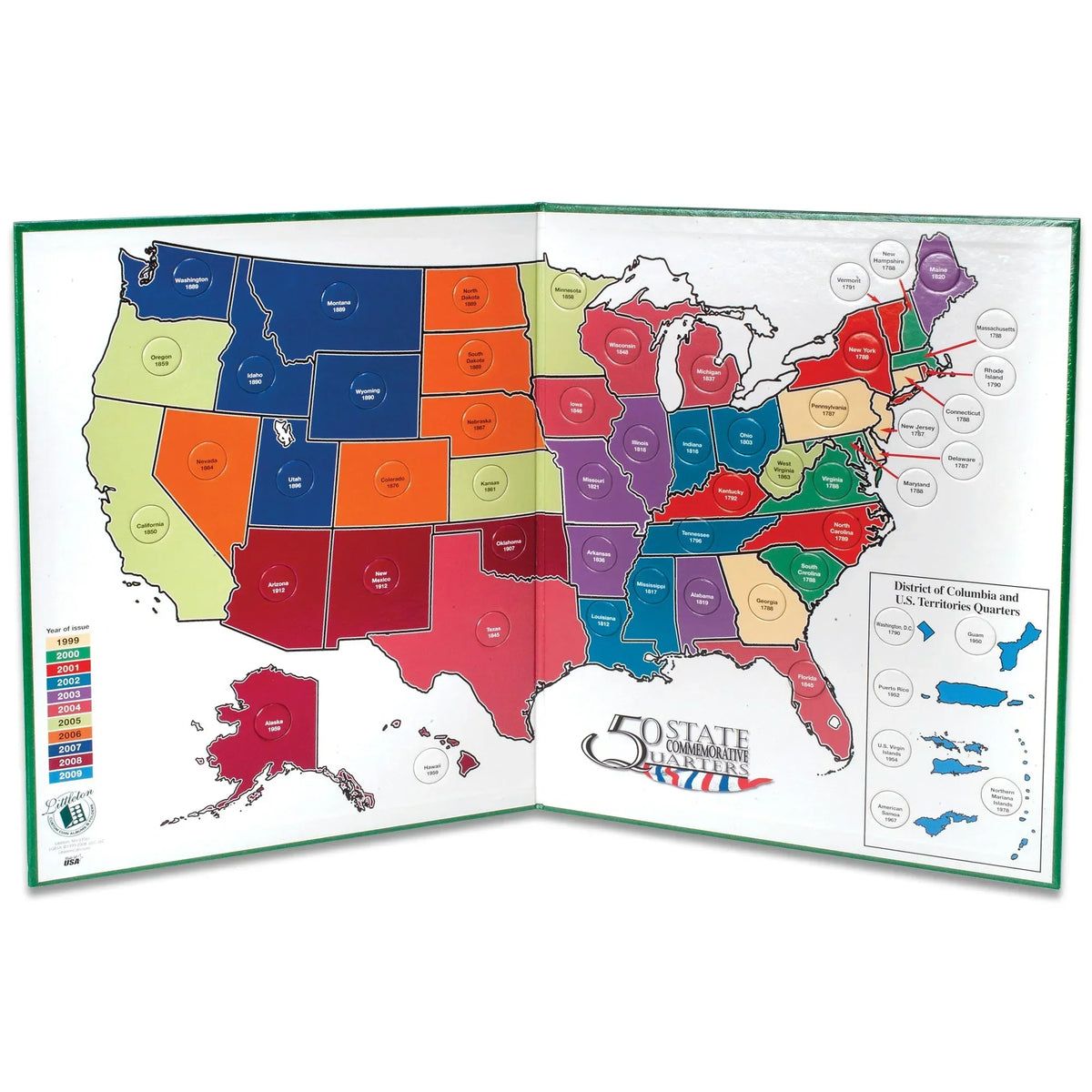 Statehood Quarter Display Map with Territories Littleton Coin Company