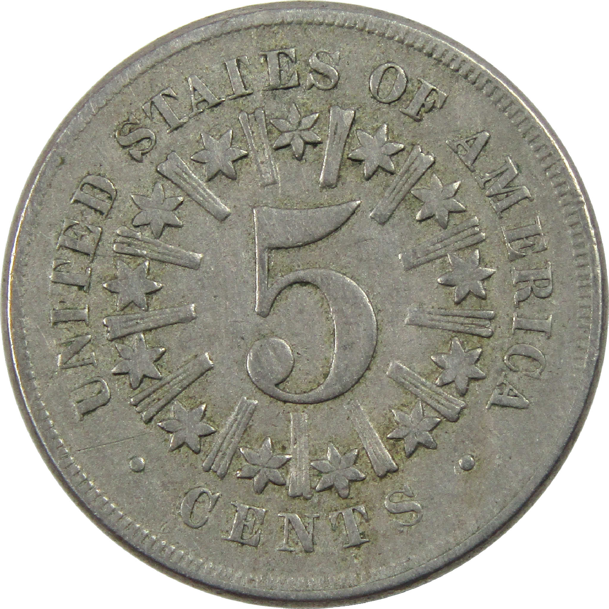 1866 Rays Shield Nickel F Fine 5c Coin SKU:I11822