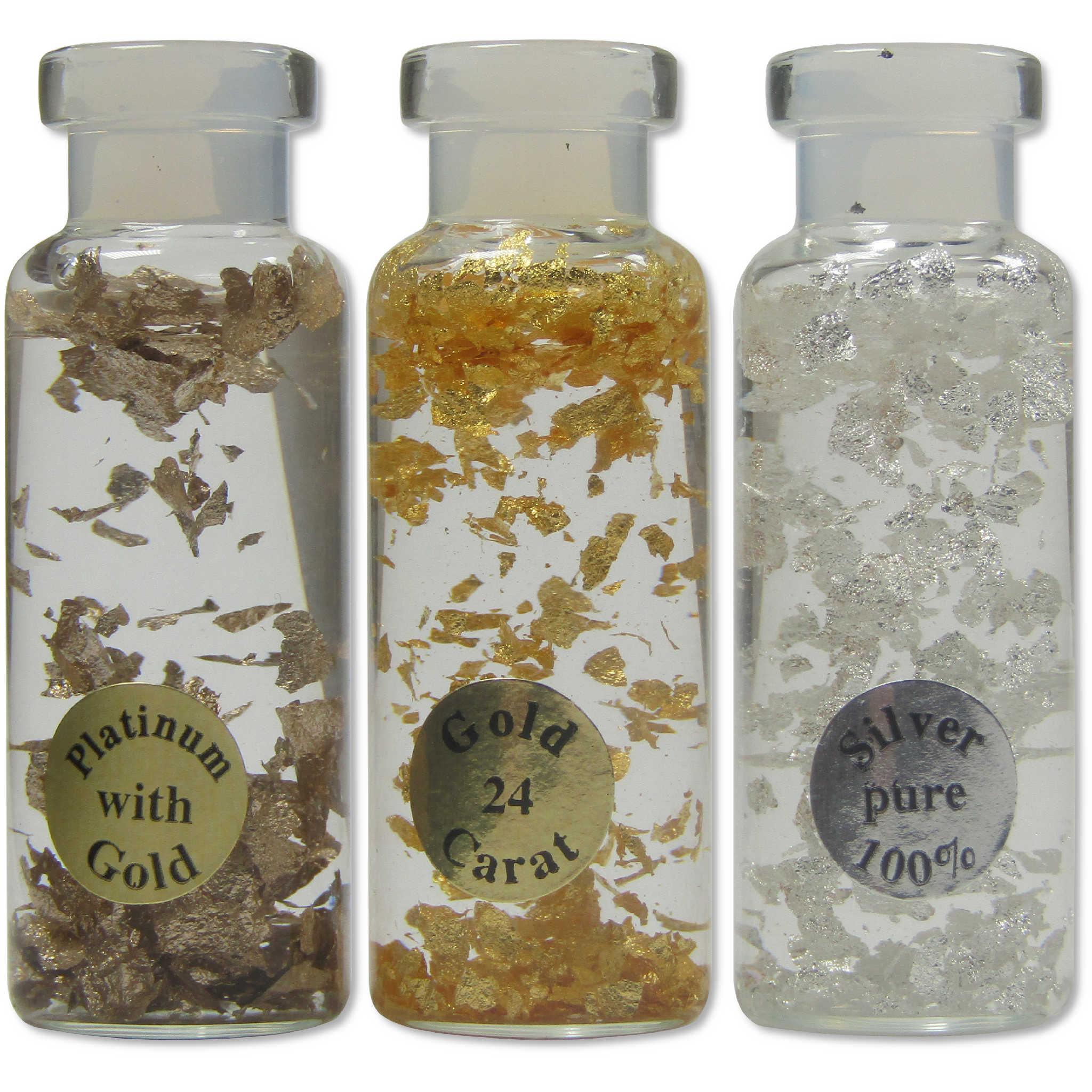 Platinum Gold and Silver Precious Metals Glass Vial Set