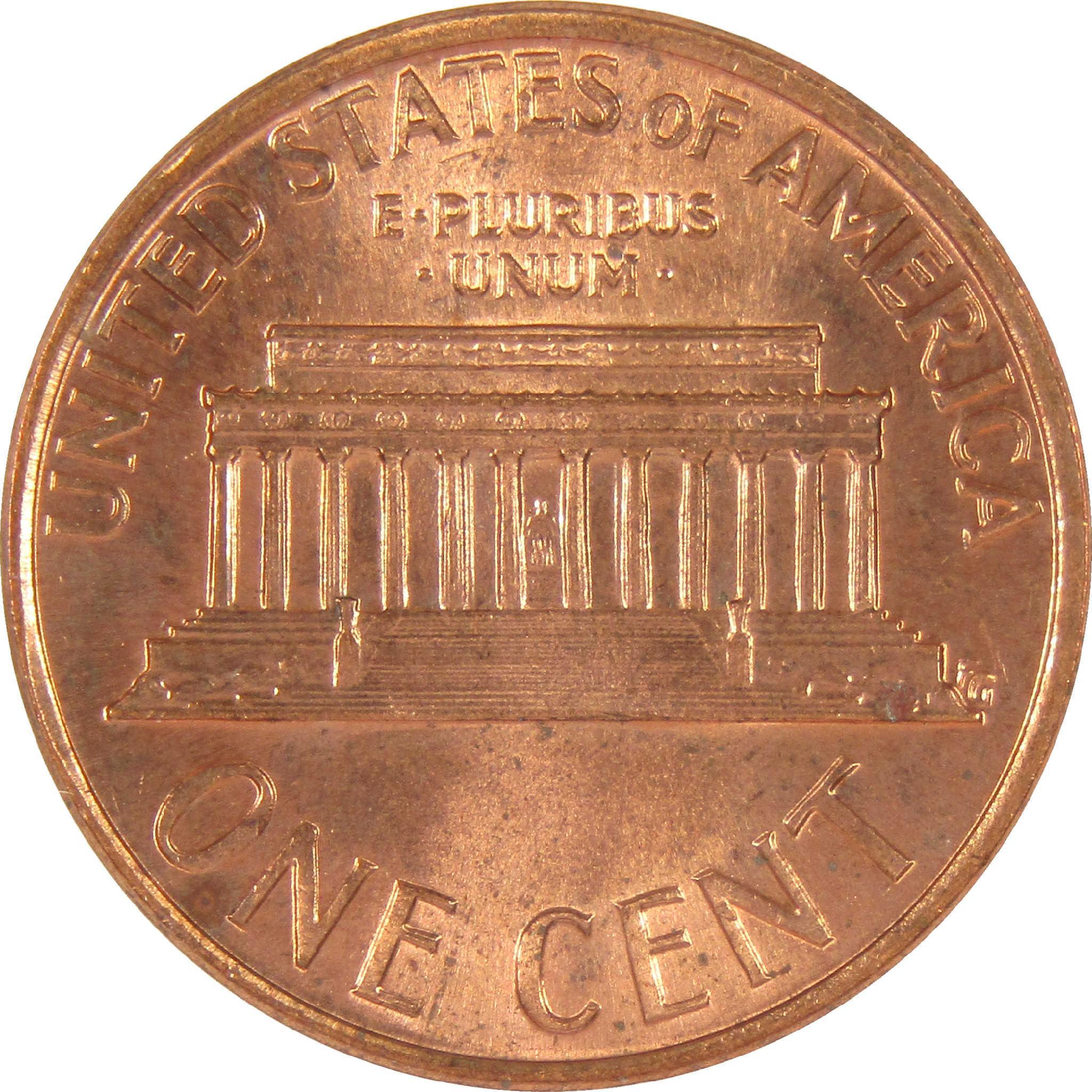 Reverse side of US Lincoln Memorial penny collectible coin, one cent denomination