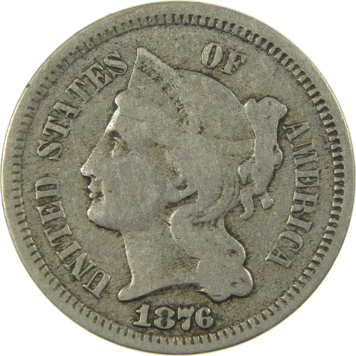 1876 Nickel Three Cent Piece VG Very Good 3c Coin Collectible