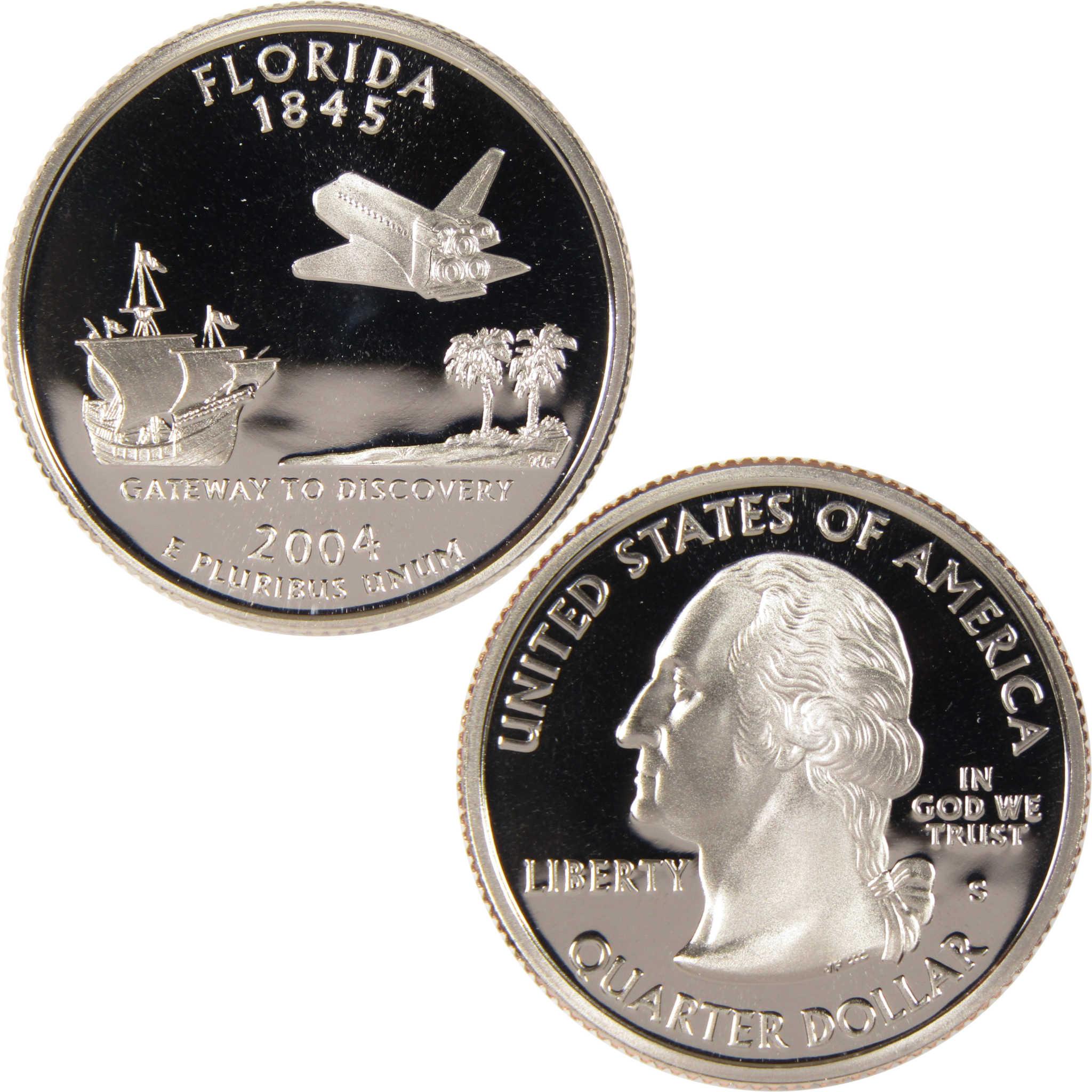 2004 Florida statehood commemorative quarter featuring a ship, space shuttle, and palm trees