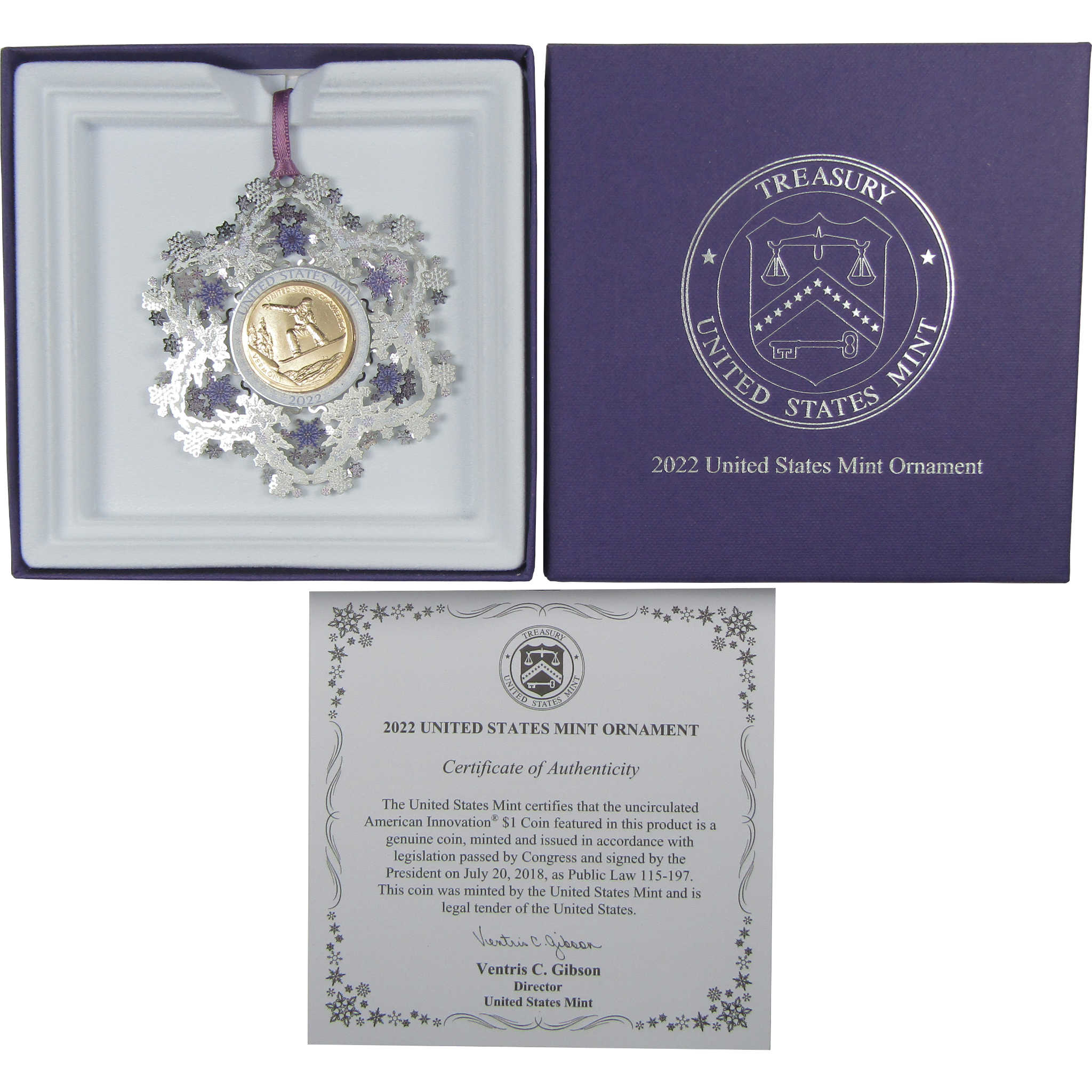 2022 Vermont Snowboarding American Innovation $1 Coin Holiday Ornament
