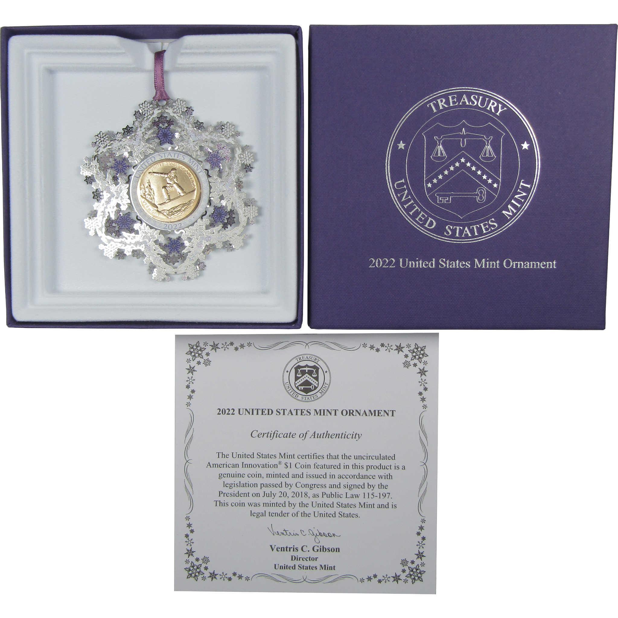 2022 Vermont Snowboarding American Innovation $1 Coin Holiday Ornament