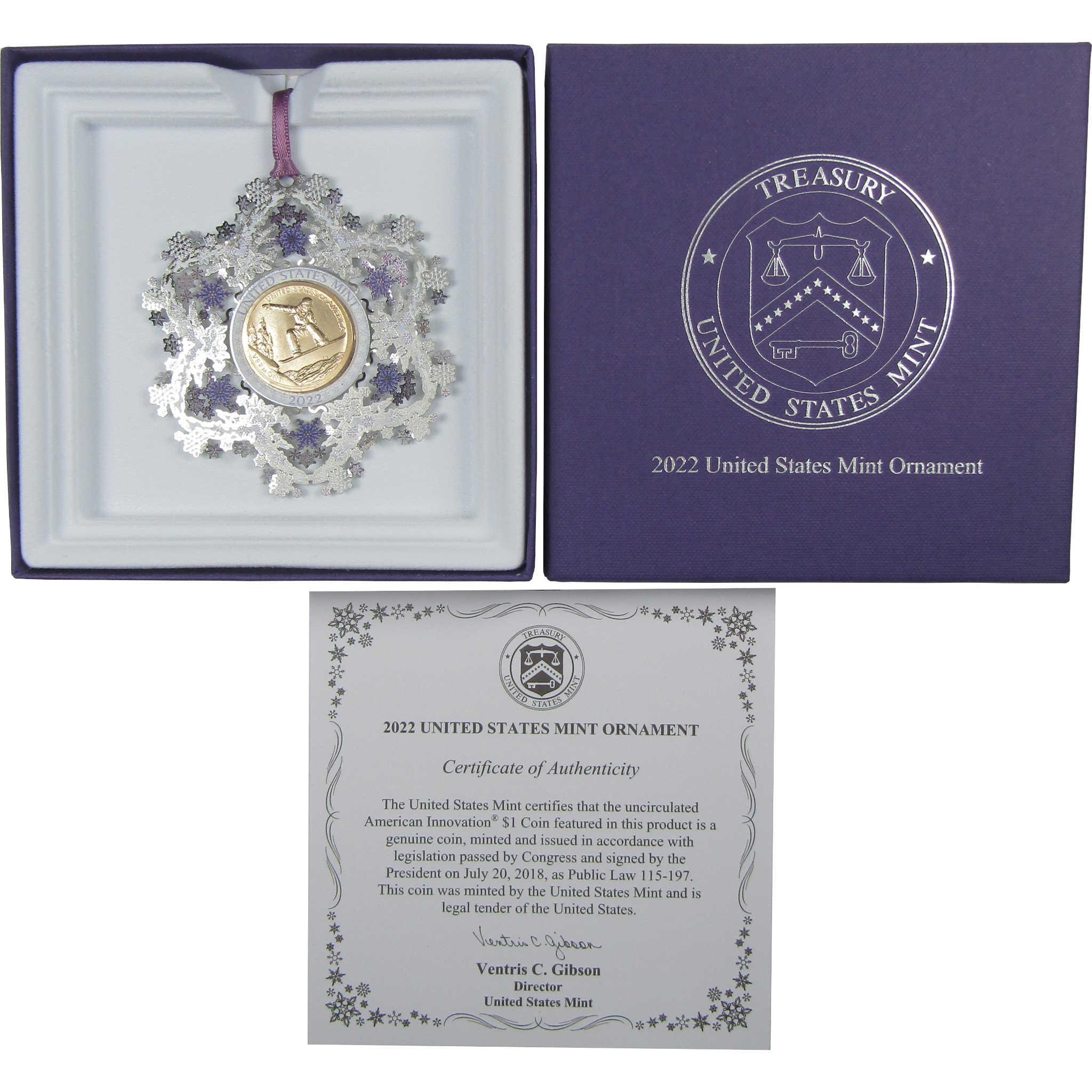 2022 Vermont Snowboarding American Innovation $1 Coin Holiday Ornament