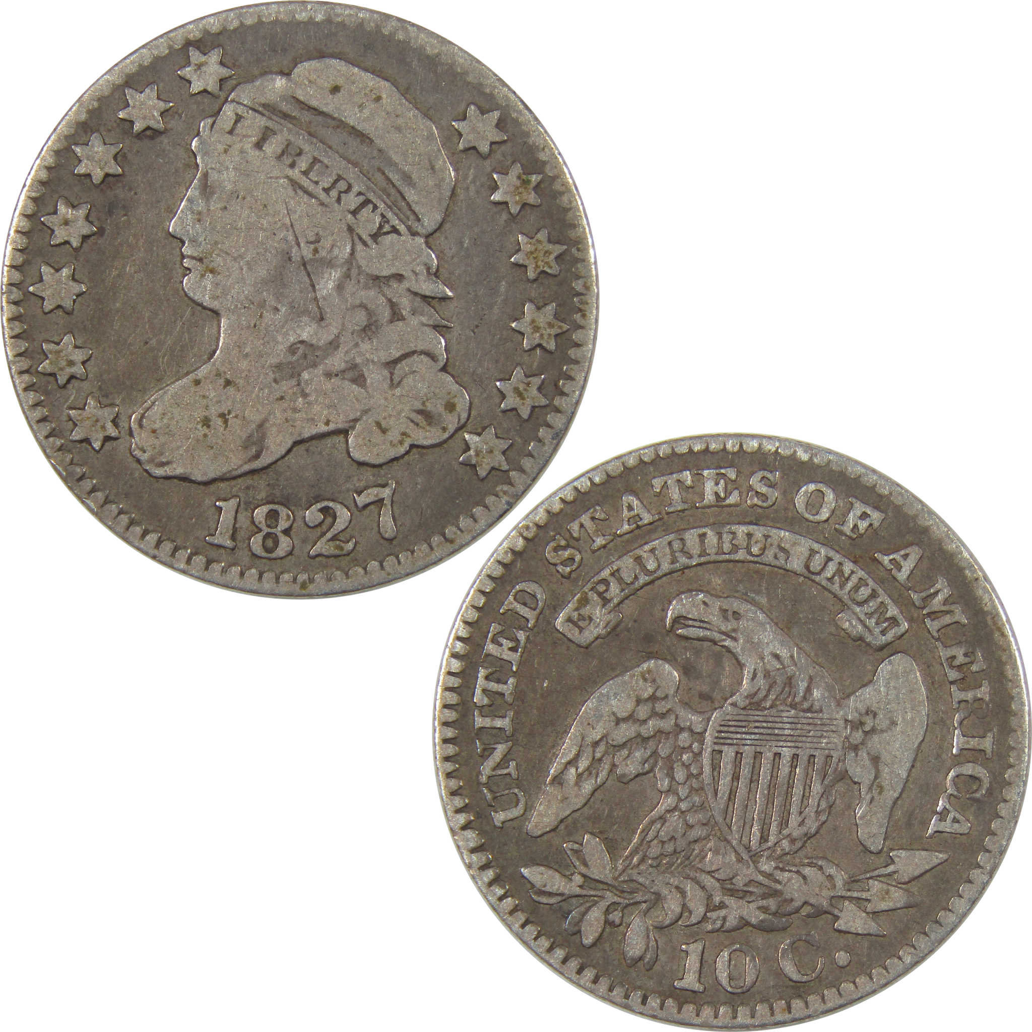 1827 Pointed Top Capped Bust Dime F Fine Silver 10c Coin SKU:I23834