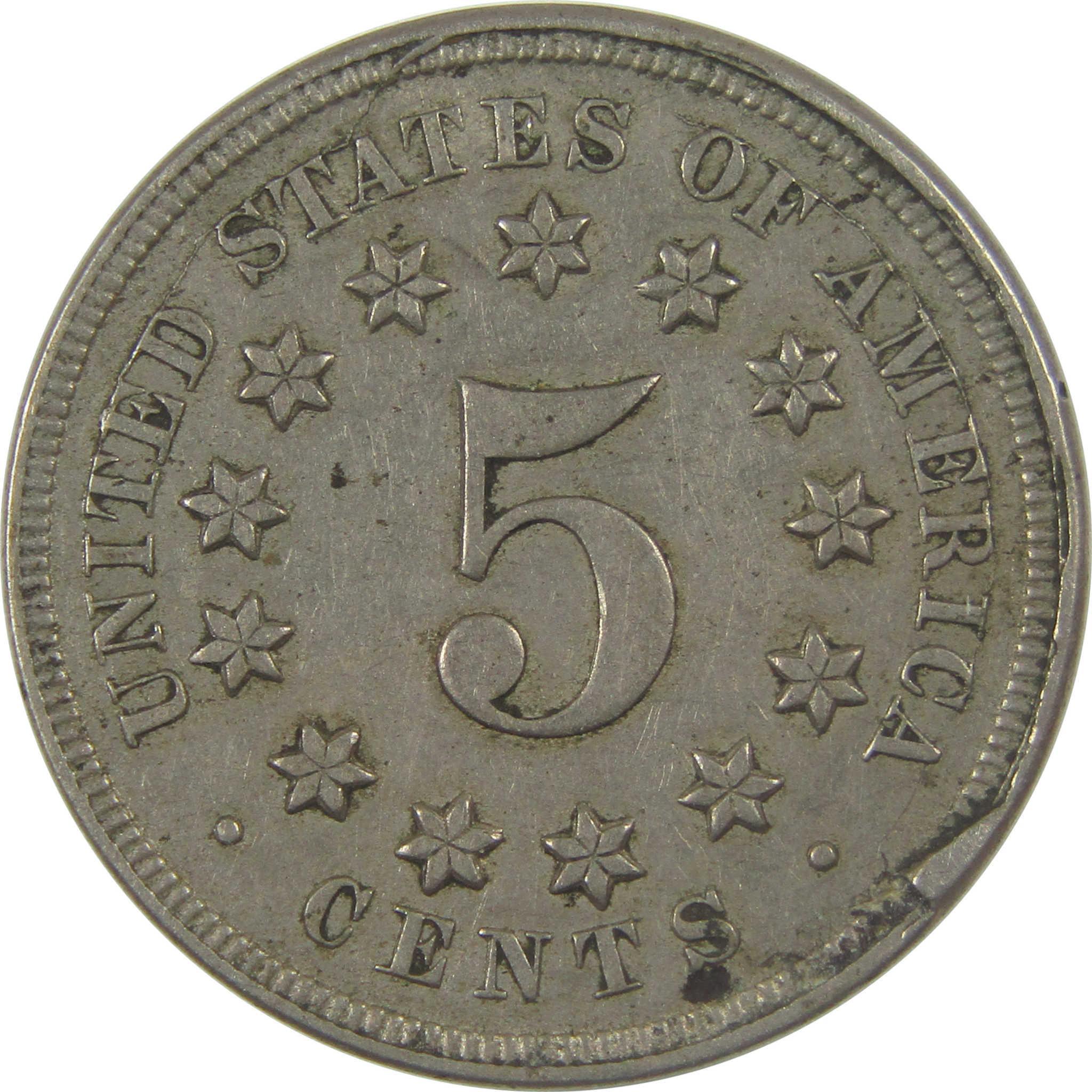 1867 No Rays Shield 5c XF EF Extremely Fine Cud Mint Error SKU:I24569