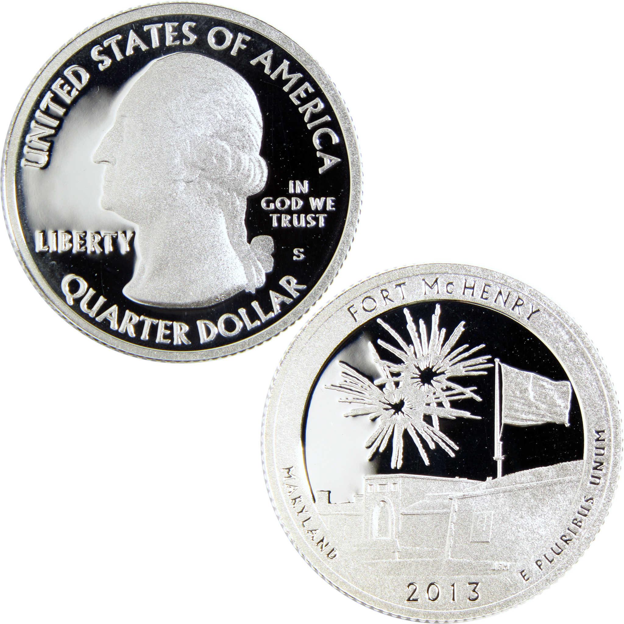 2013 Fort McHenry Maryland quarter dollar coin with fireworks and U.S. flag design