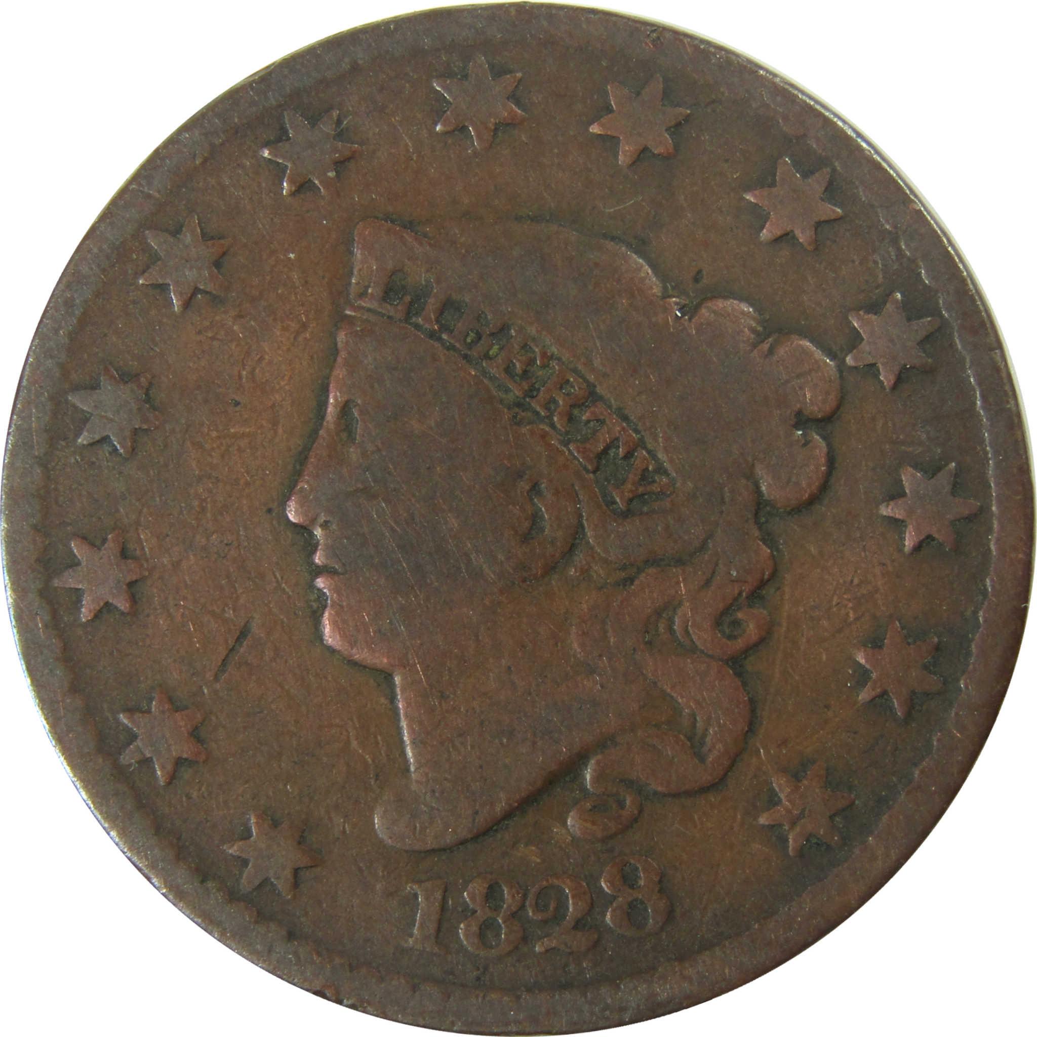 1828 Large Narrow Date Coronet Head Copper Lg 1c VG Details SKU:I27849