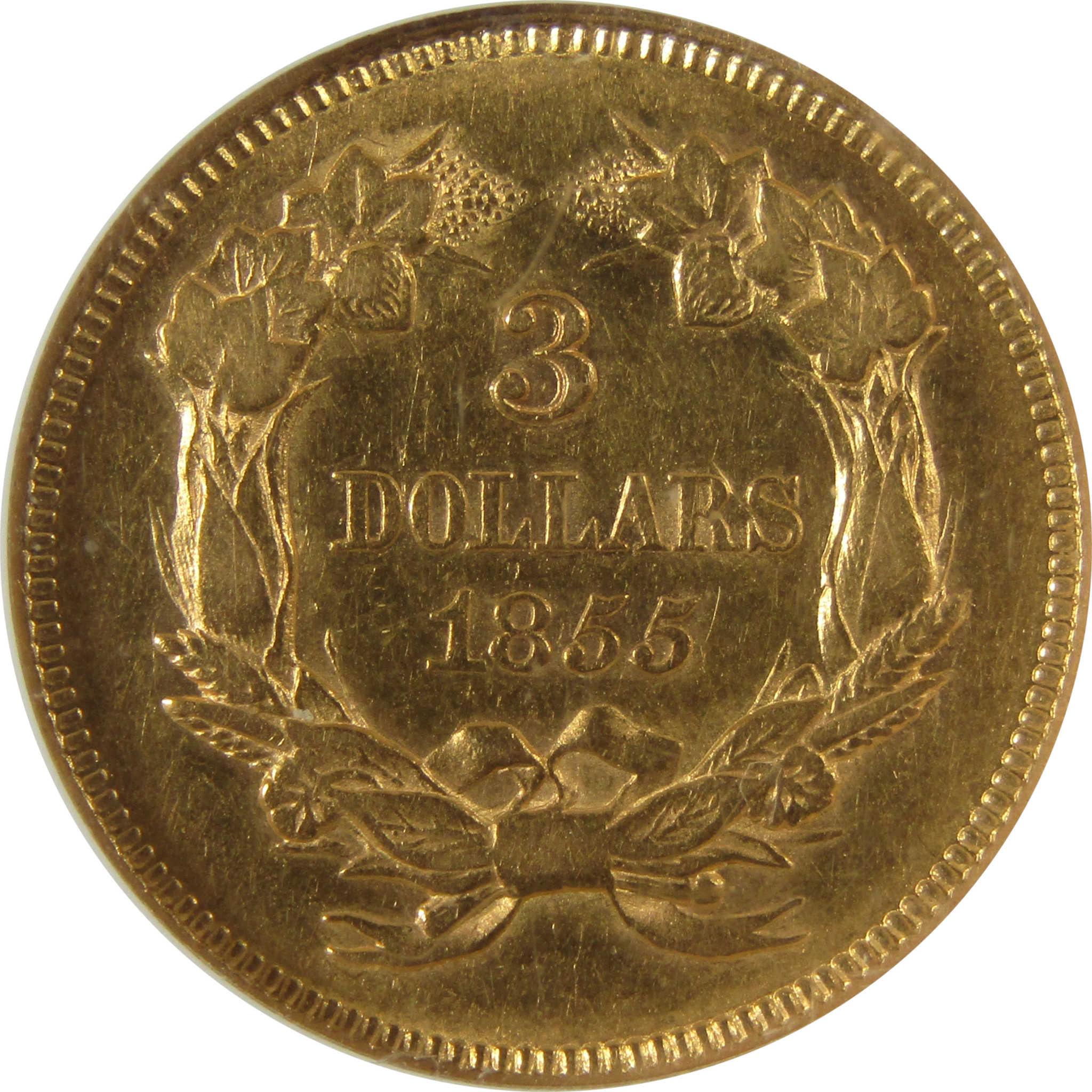 1855 Indian Princess Head Gold $3 AU 53 NGC Coin SKU:CP901