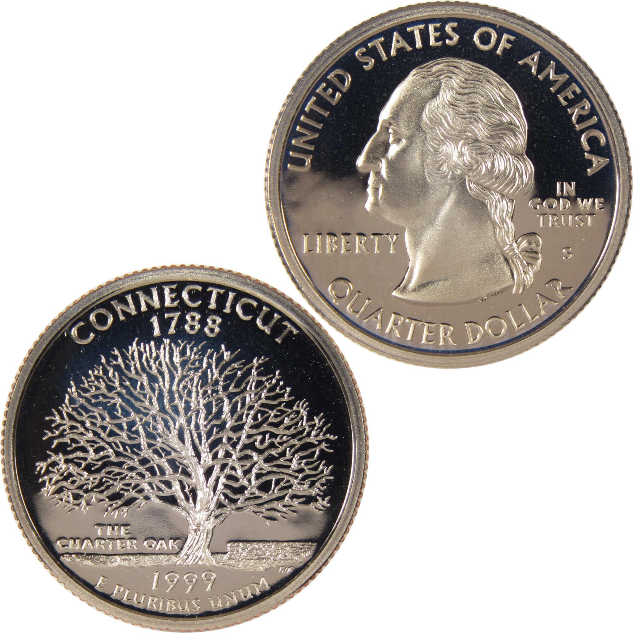 1999 Connecticut state quarter, collectible coin featuring the Charter Oak tree and Washington profile