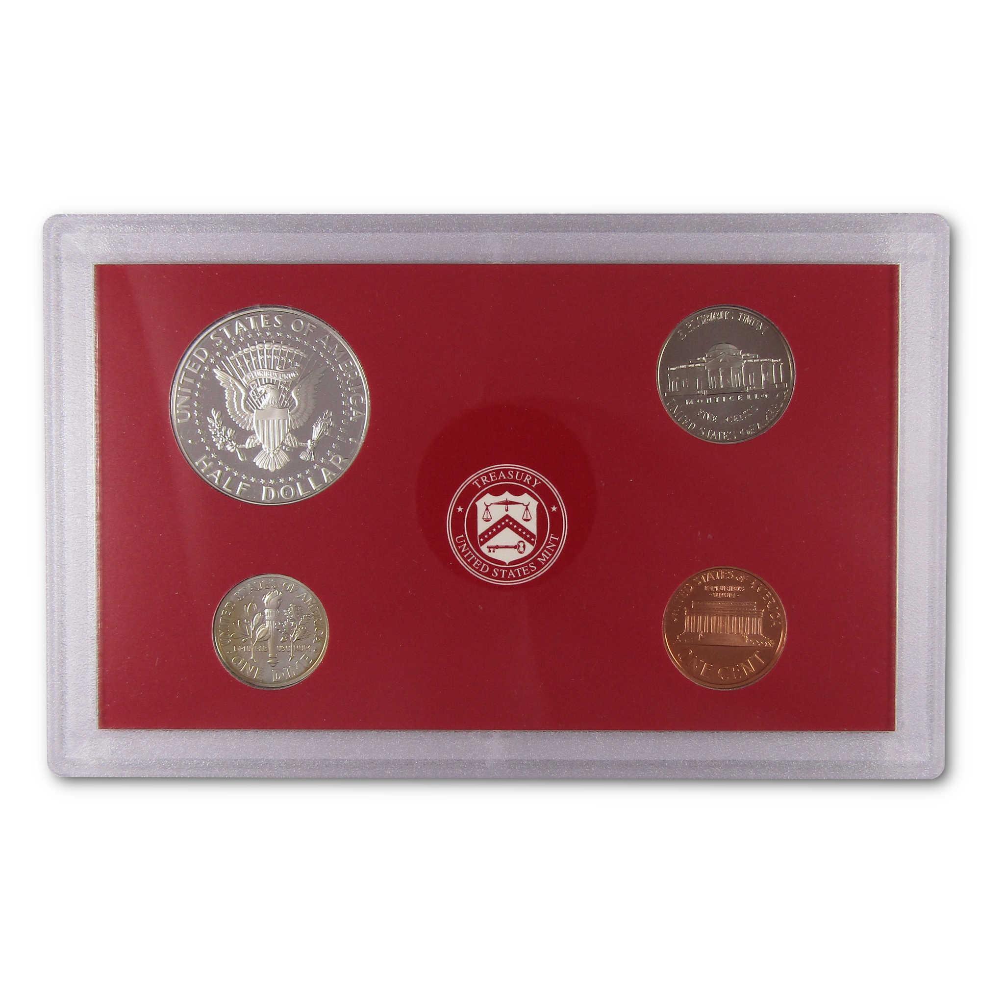 U.S. coin set in a red plastic display case featuring collectible coins and mint emblem