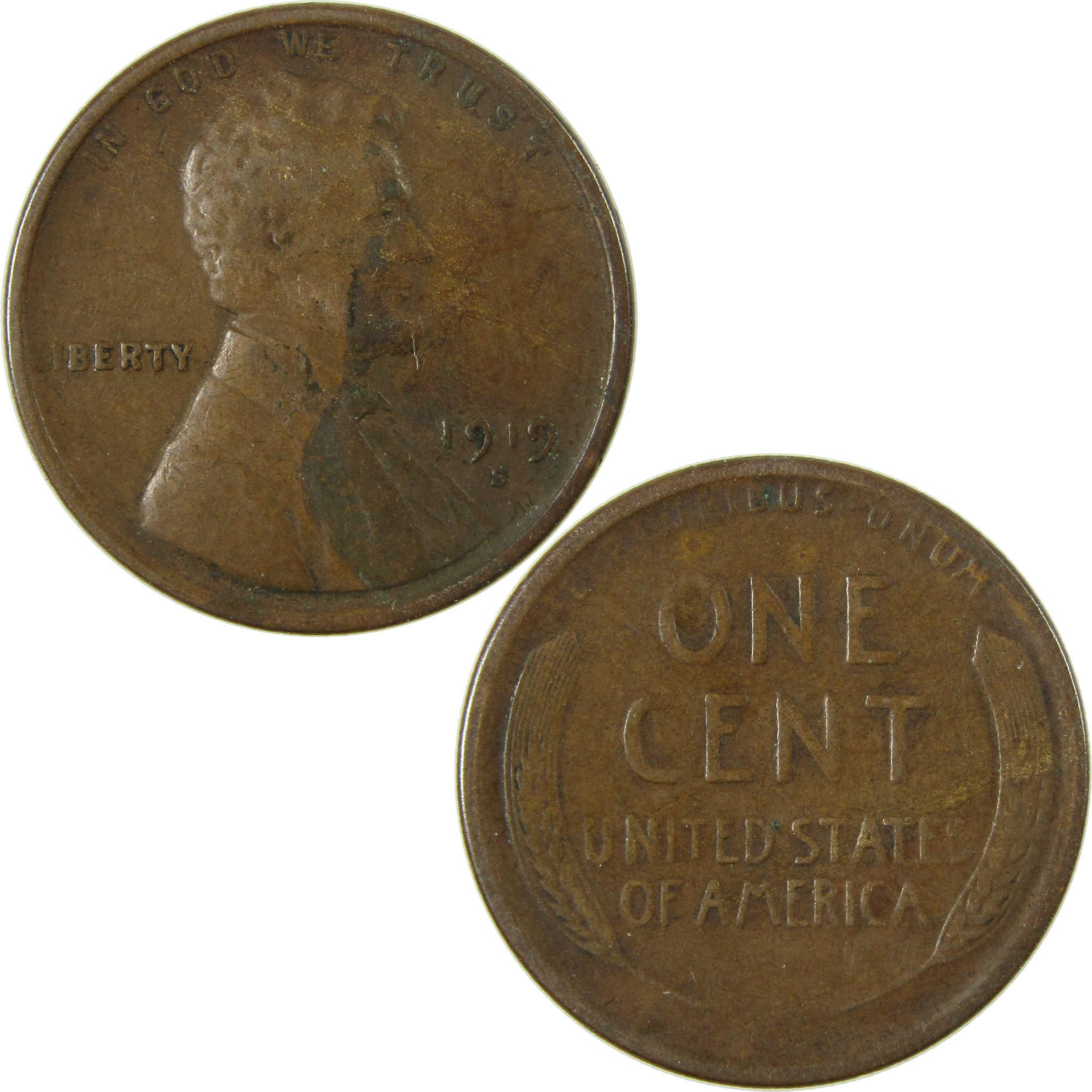 1919 S Lincoln Wheat Cent F Fine Penny 1c Coin SKU:I26841