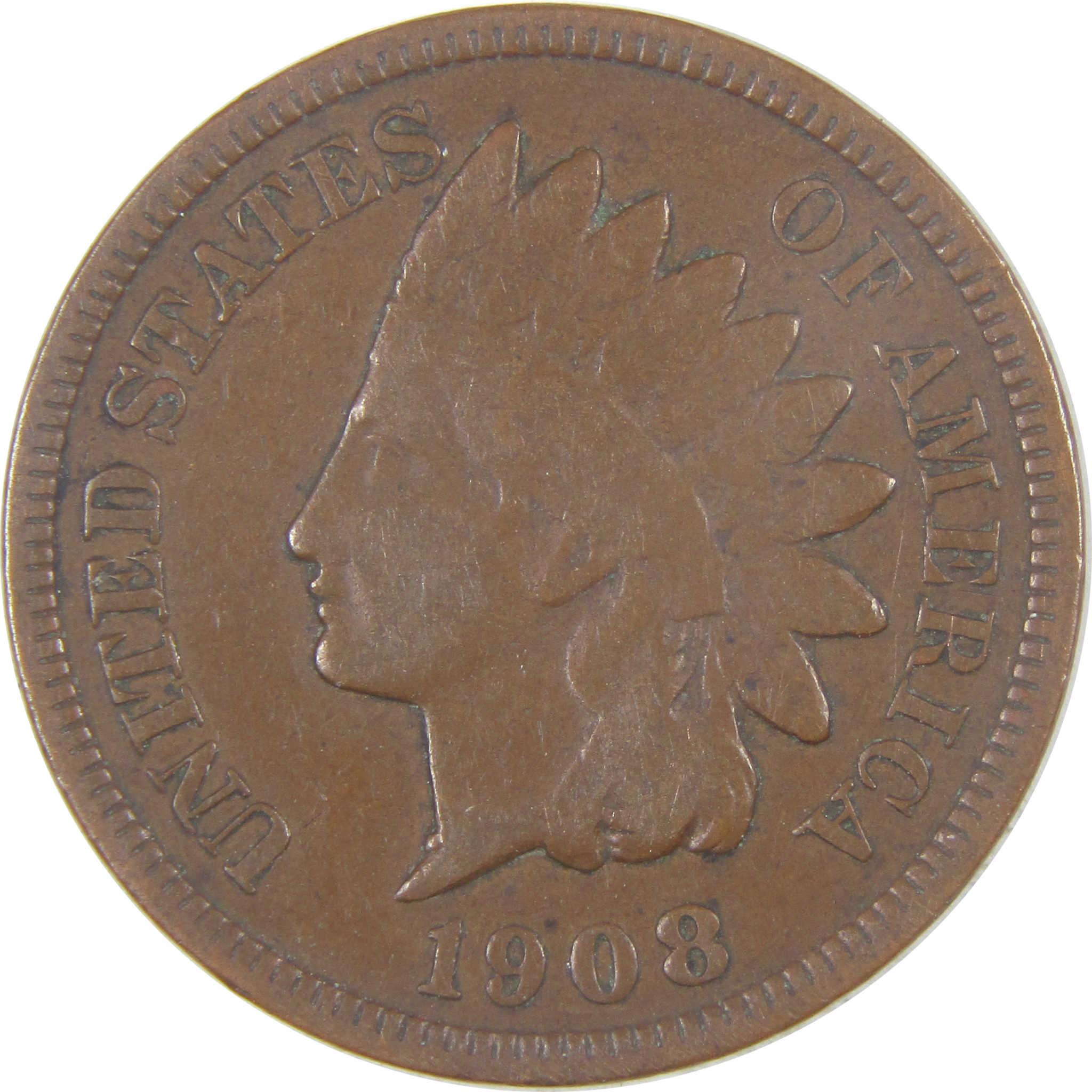 1908 S Indian Head Cent F Fine Penny 1c Coin SKU:I16849