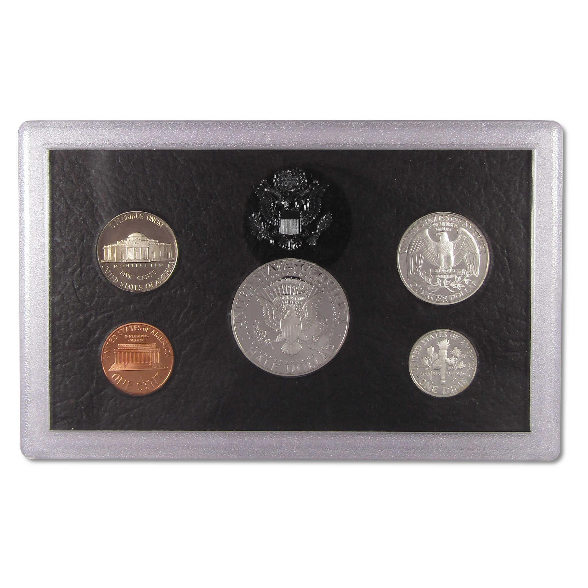U.S. coin set in display case, featuring collectible half dollar, quarter, dime, nickel, penny.