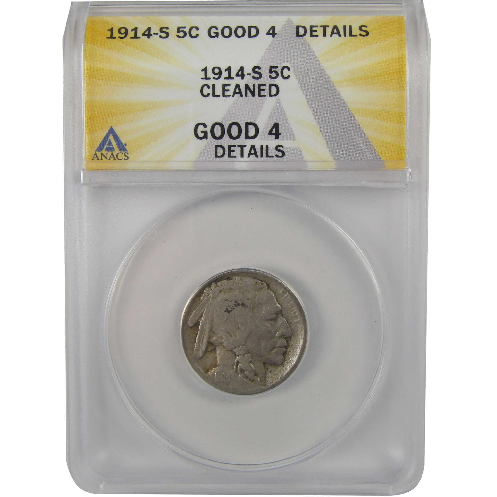 1914 S Indian Head Buffalo Nickel G 4 Details ANACS 5c Coin SKU:I22303