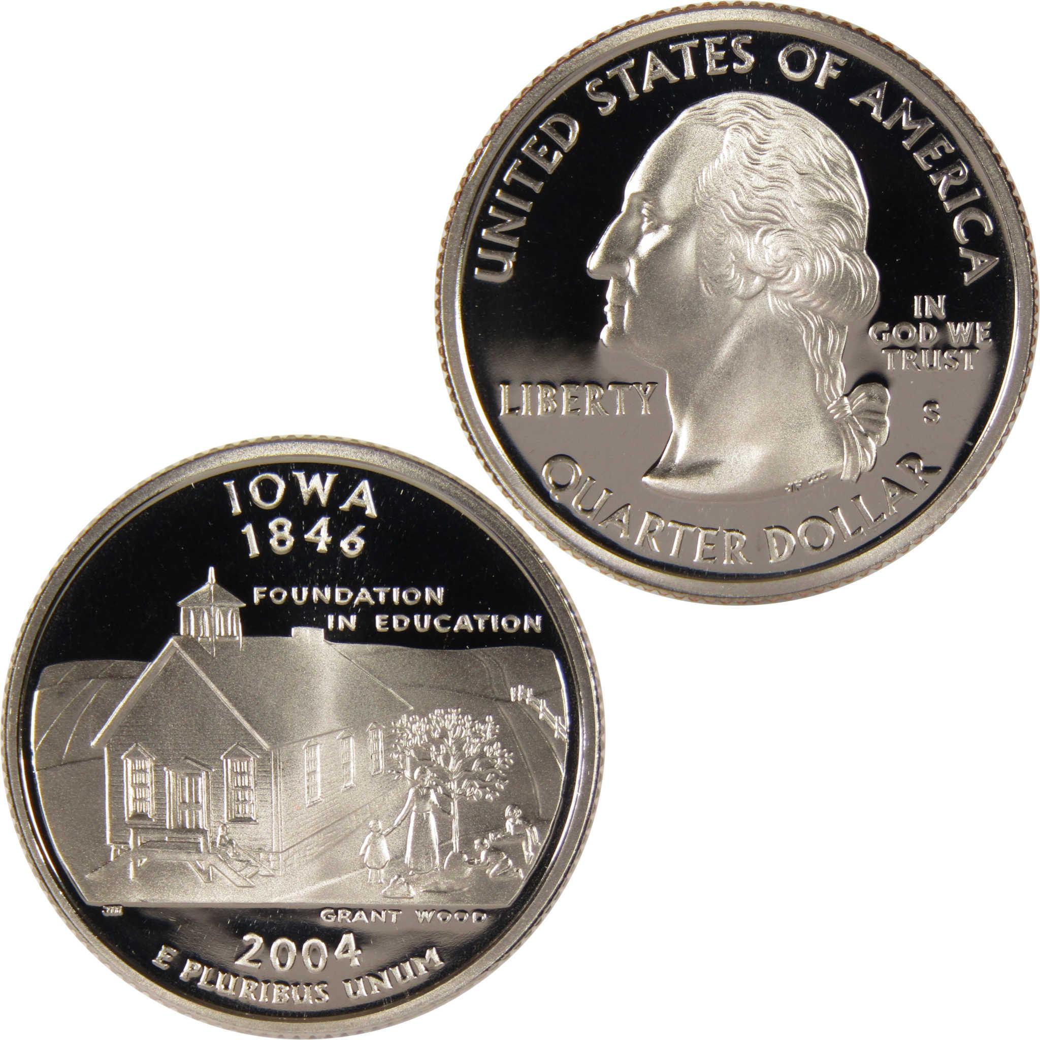 2004 Iowa state quarter dollar, collectible coin featuring George Washington and schoolhouse design