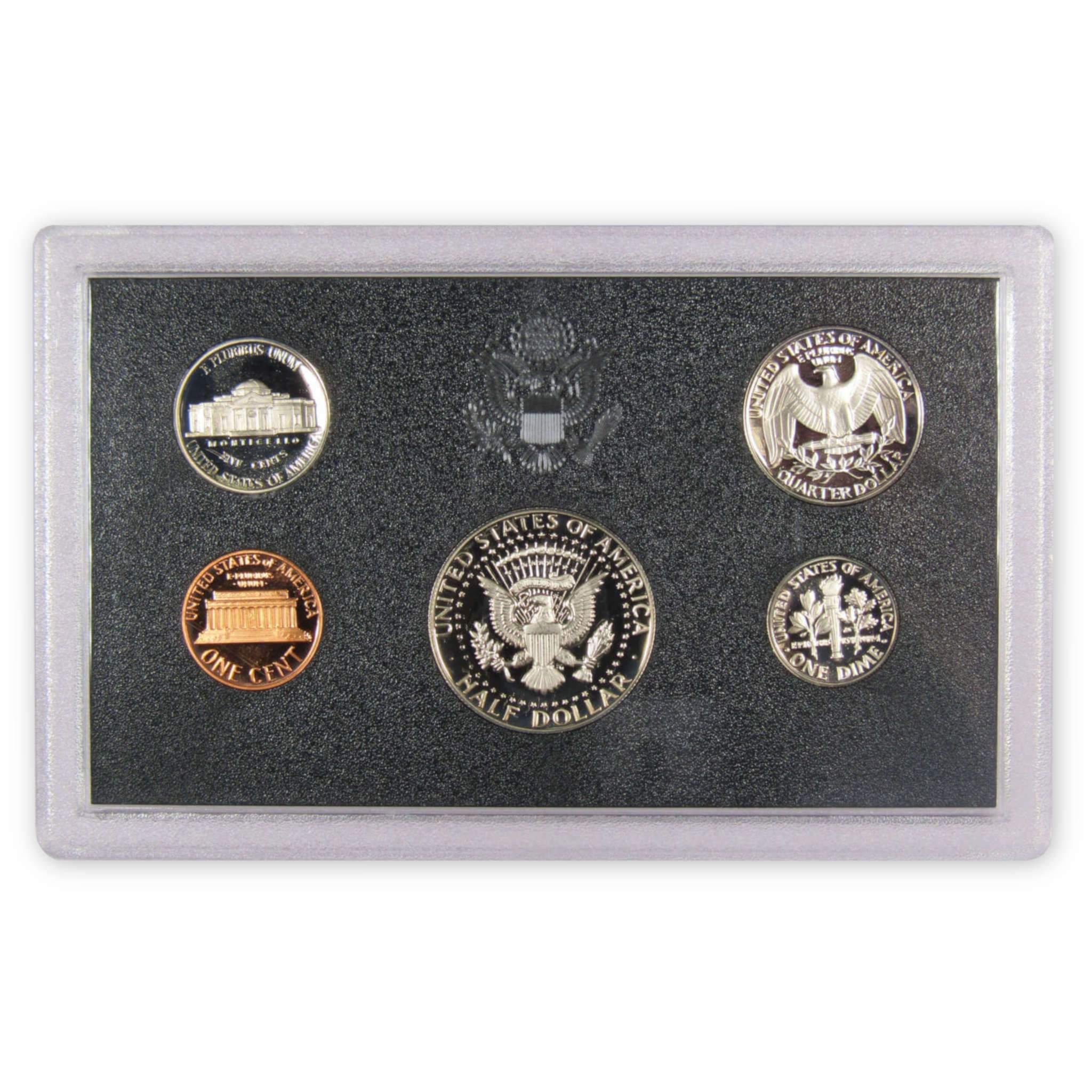 United States coin set in protective case featuring penny, nickel, dime, quarter, half dollar