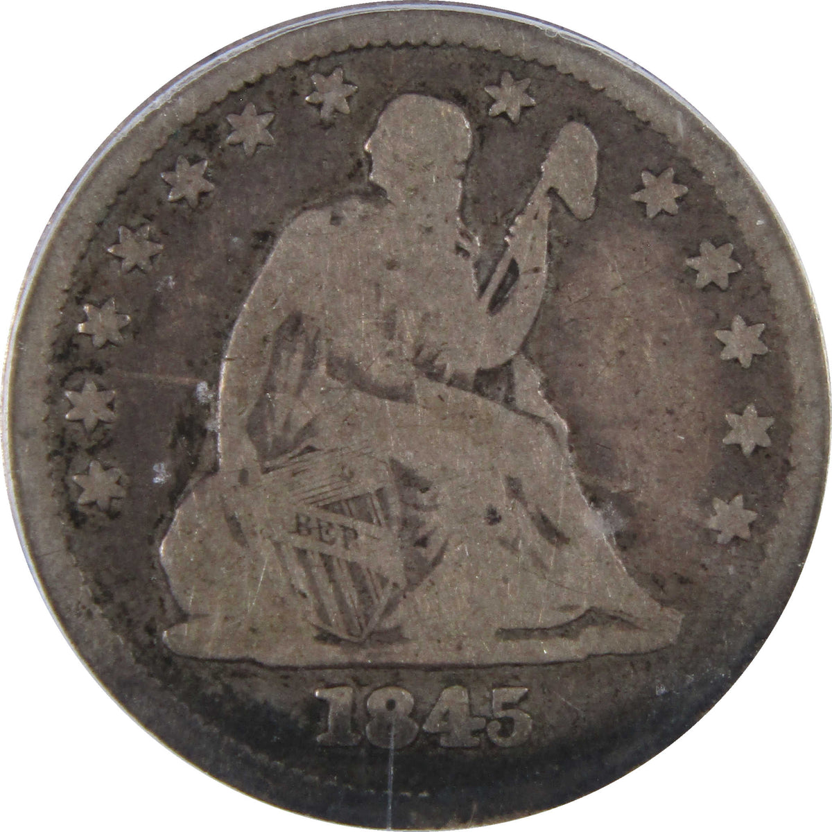 1845 Seated Liberty Silver Quarter VG 8 ICG 25c Coin SKU:I29086