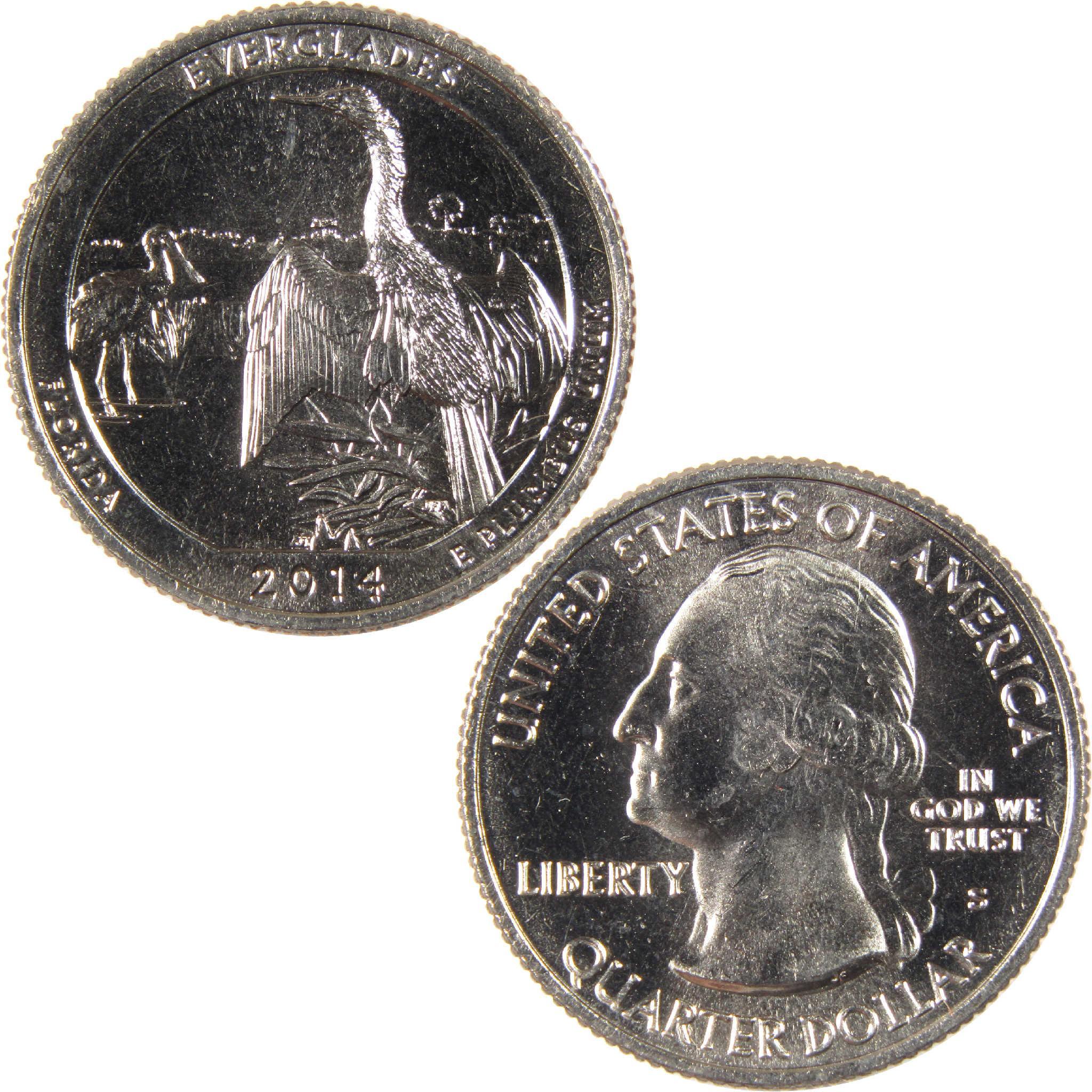 2014 Everglades Florida quarter dollar coin collectible, reverse and obverse sides shown
