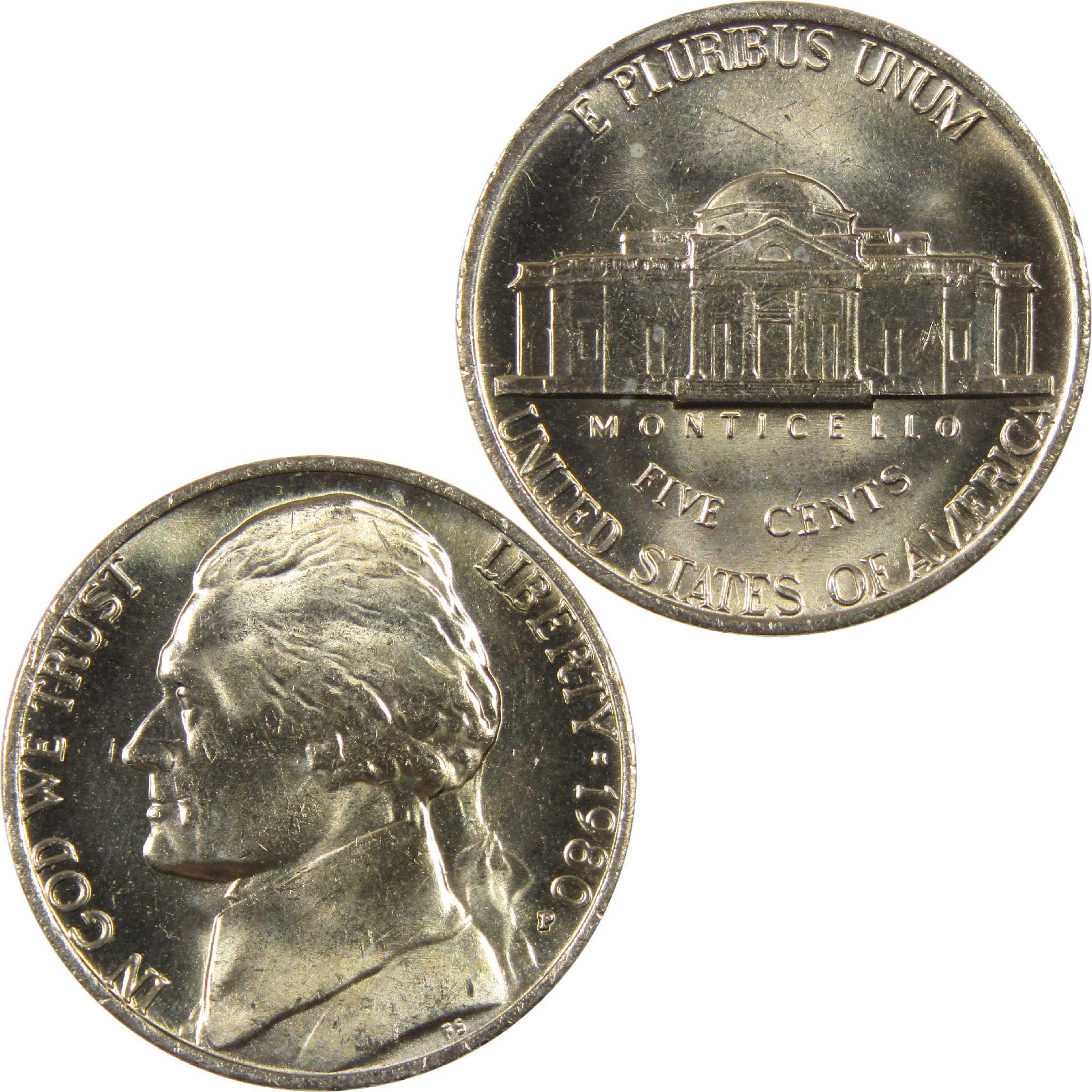 1980 Jefferson nickel collectible coin, obverse portrait and Monticello reverse design