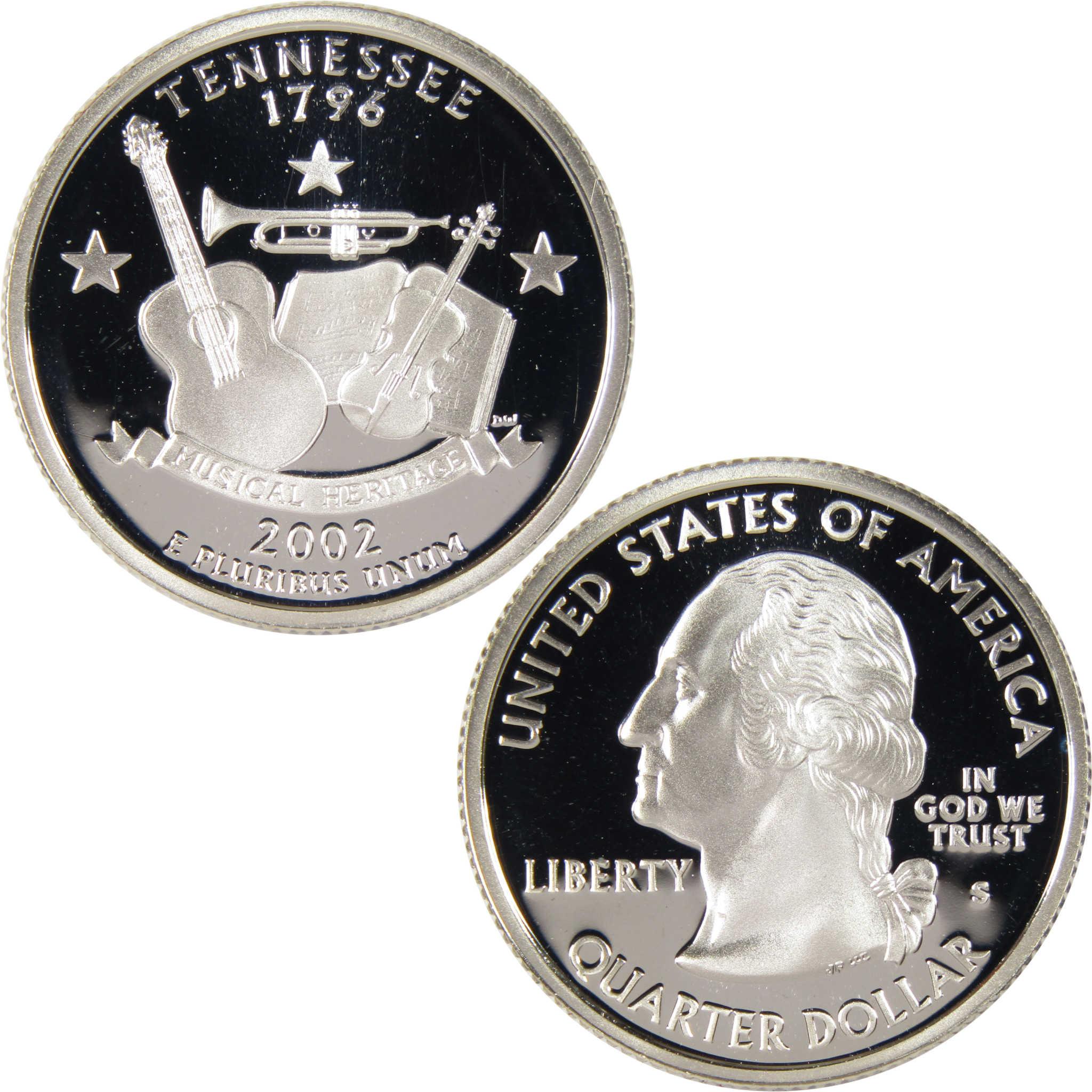 2002 Tennessee state quarter featuring musical instruments and George Washington profile.