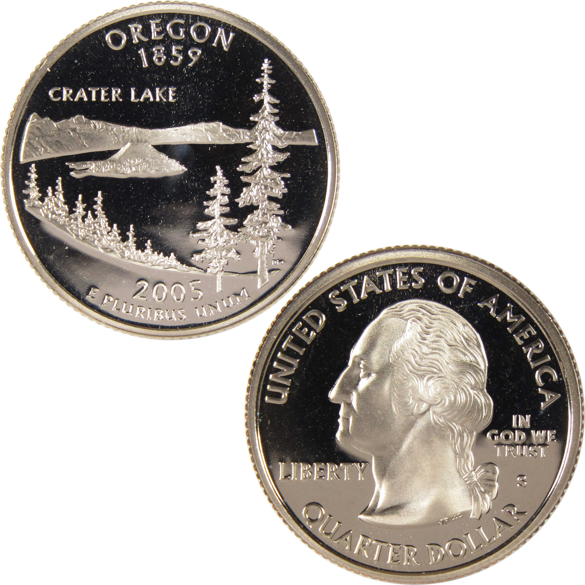 2005 Oregon Crater Lake state quarter collectible coin, front and back views