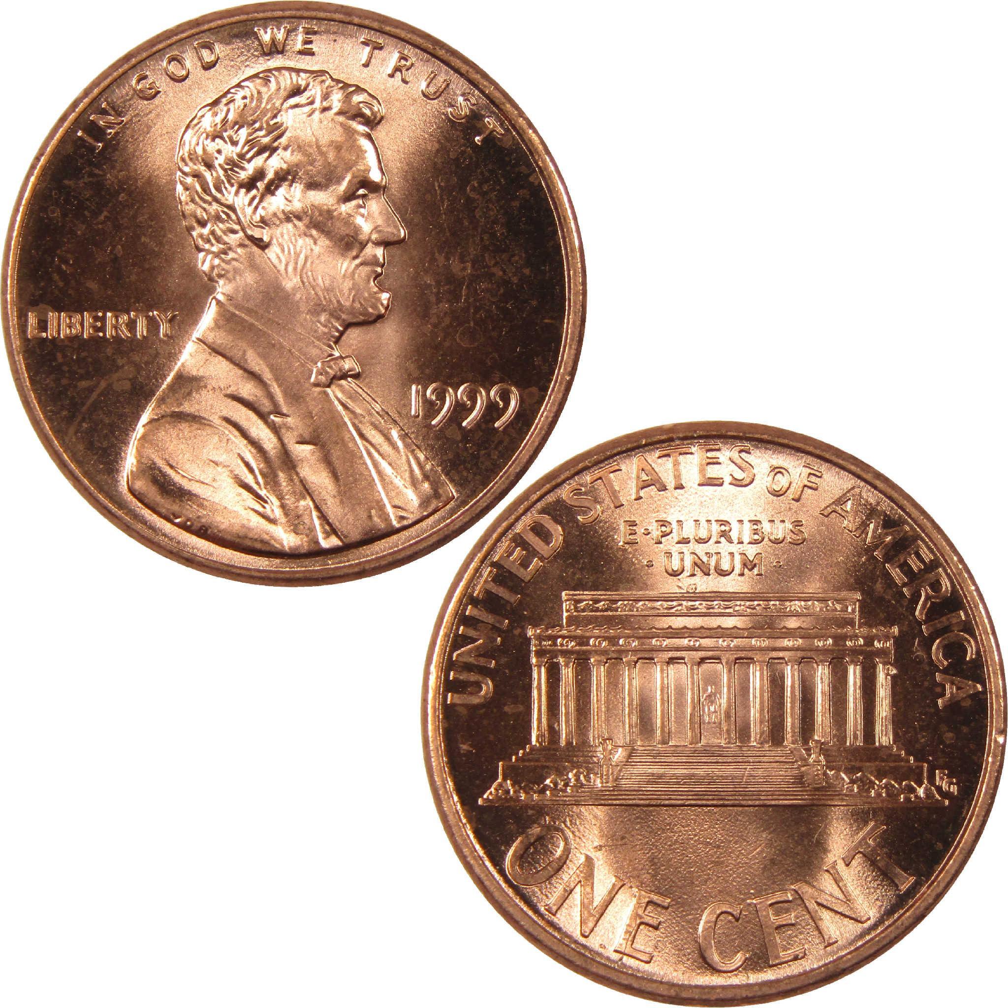1999 Lincoln Memorial penny, collectible US one cent coin, obverse and reverse sides shown
