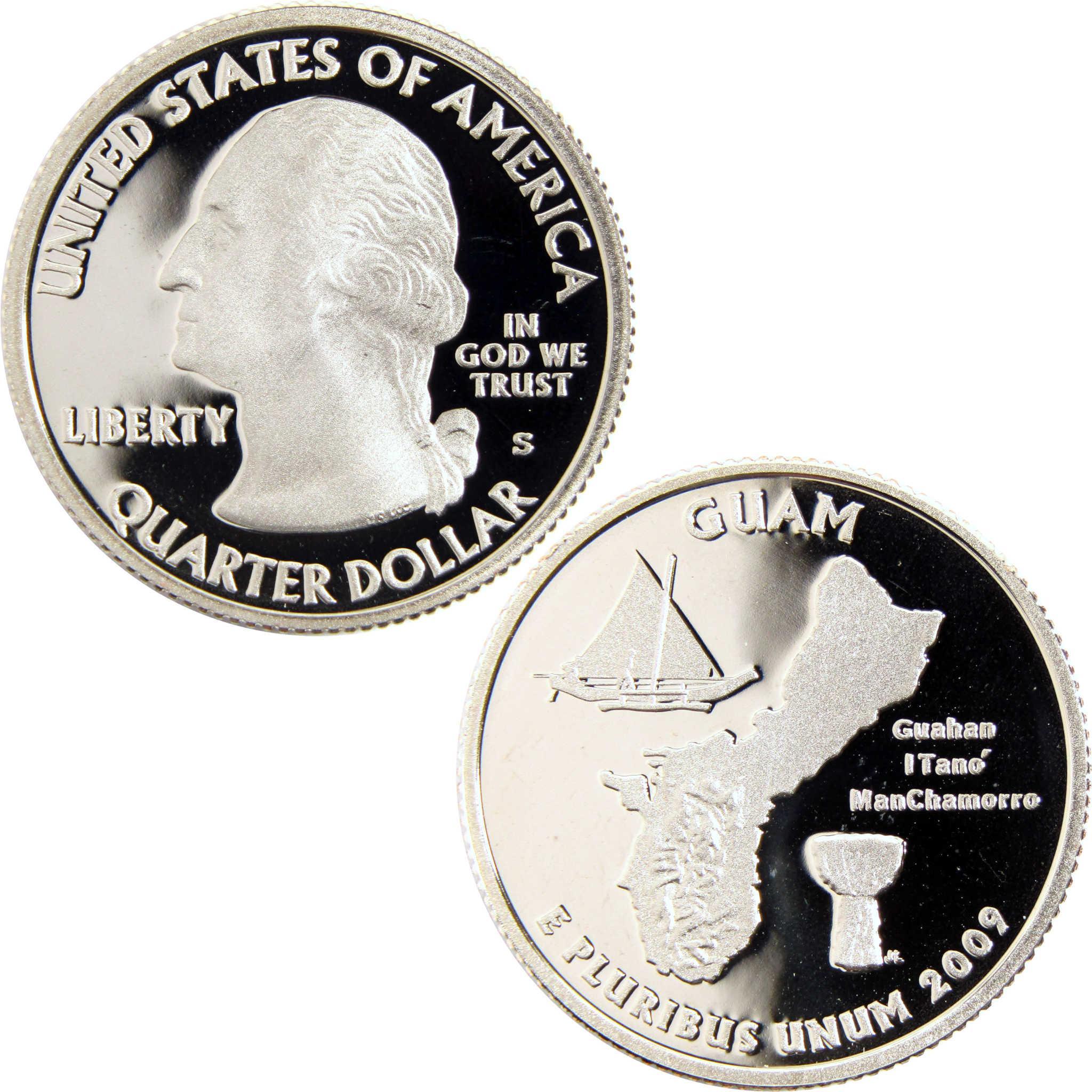 2009 Guam quarter dollar collectible coin, showing profile and territory design