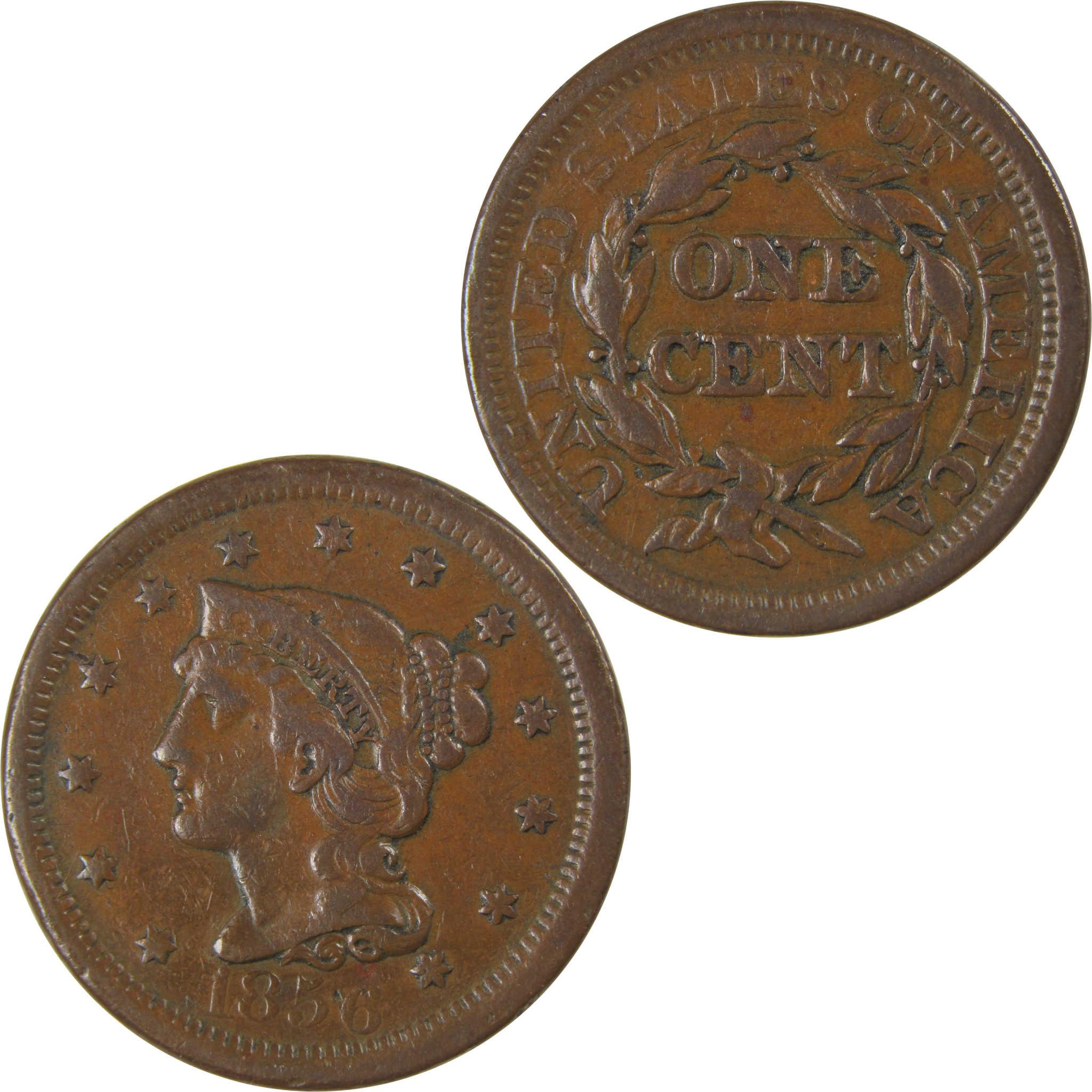 1856 Upright 5 Braided Hair Copper Large Cent VF Penny SKU:I23979