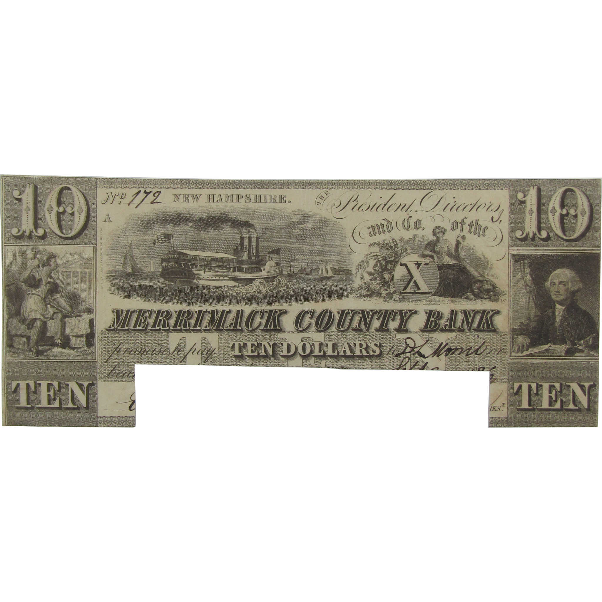 $10 Merrimack County Bank NH Obsolete Note Circulated Cut Canceled